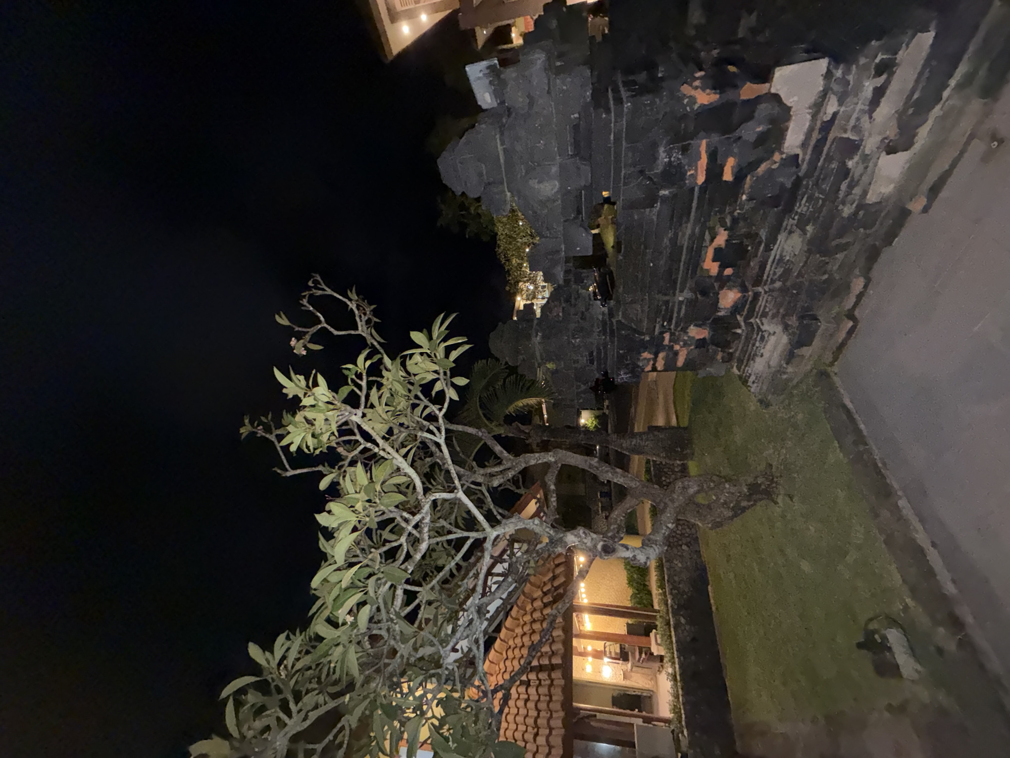The image captures an outdoor night scene in what appears to be a tropical setting, likely Kuta Selatan, Indonesia. The dominant feature in the foreground is a large tree with lush green leaves and gnarled, intertwining branches, possibly a frangipani tree, positioned on the left side.
In the midground, to the right of the tree, stands a imposing, dark stone structure, characteristic of Balinese architecture, possibly a temple gate (candi bentar) or part of a traditional building. It appears to be constructed from dark, volcanic rock, with some lighter, reddish-brown elements visible within its textured surface. Warm, artificial lights emanate from within or behind this structure, casting a soft glow.
Below the tree and extending towards the right, part of a building with a traditional orange-tiled roof is visible. Additional warm lights illuminate this area, suggesting a resort, hotel, or residential complex. A patch of green grass is visible on the ground, extending from the base of the tree towards the right, next to a paved area or pathway. The sky above is completely dark, indicating it is nighttime. There are no people visible, and no discernible text. The overall atmosphere is serene and illuminated by the artificial light sources contrasting with the dark night.