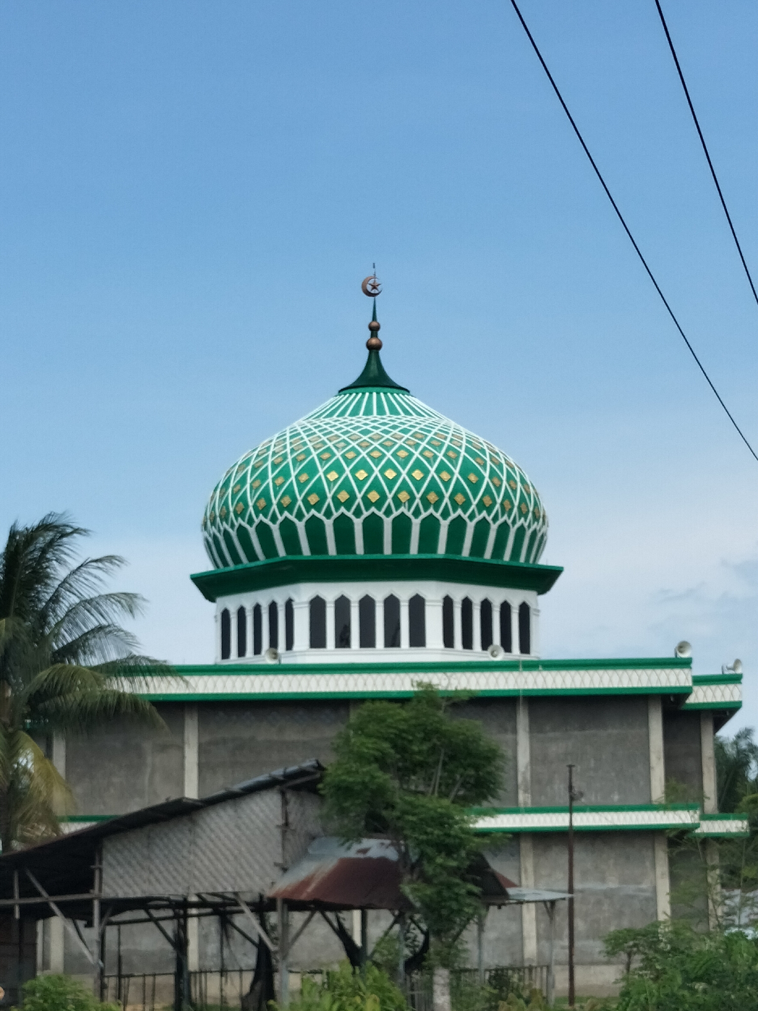 A mosque with a green and white dome stands in Teupinpukat, Indonesia, beneath a partly cloudy sky. The dome features a crescent moon and star at its peak and is decorated with a lattice pattern. Below the dome is a structure with white columns and green accents, set against a gray building with green trim. The surrounding area includes palm trees, other foliage, and a partially dilapidated shack. Overhead, power lines cut across the sky.