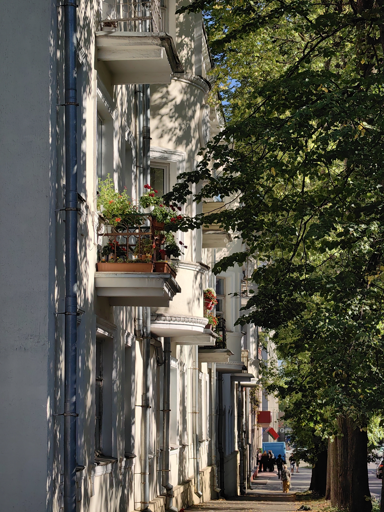 In Minsk, Belarus, a sunlit street scene unfolds with an apartment building on the left and a row of trees on the right. The building, painted a light color, features balconies adorned with potted plants, including red geraniums. Downspouts run vertically along the facade, casting dappled shadows from the overhead foliage. A sidewalk runs alongside the building and beneath the trees, leading the eye into the distance. Several individuals are visible walking on the sidewalk. Two small flags, one red and white, and another predominantly green, are attached to the building. A blue van is parked further down the street. The scene is captured on a bright, sunny day.