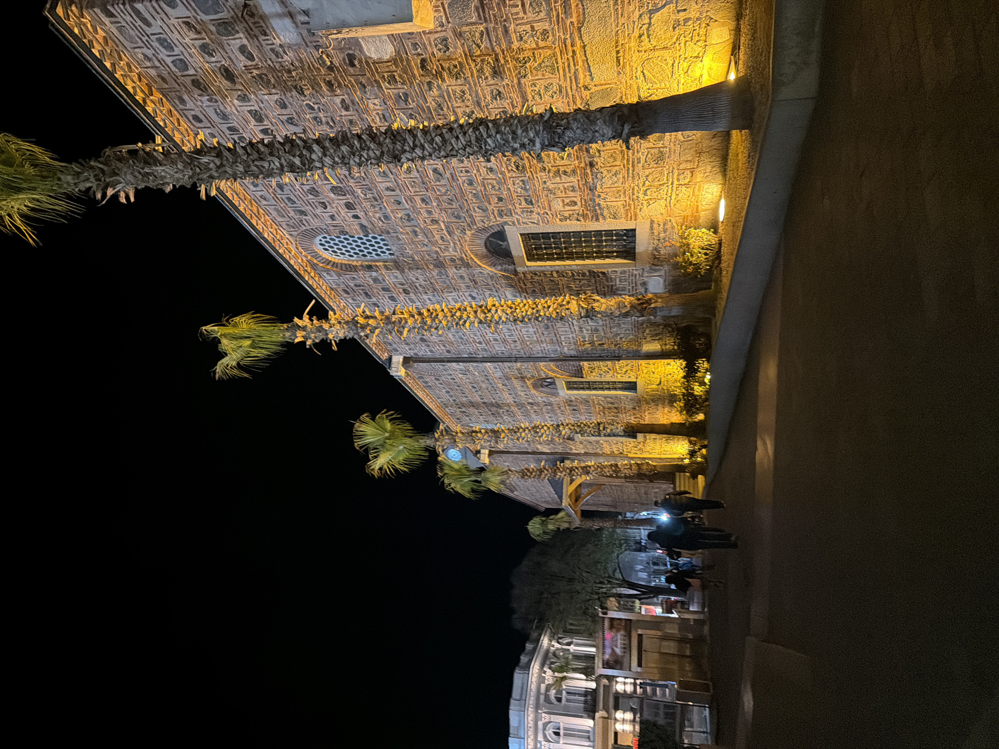 The image depicts a night scene in Plovdiv, Bulgaria, featuring the Dzhumaya Mosque. The mosque's facade is illuminated, highlighting its brickwork and architectural details, including windows. Palm trees line the street in front of the mosque. Several people are walking on the sidewalk. Buildings are visible across the street from the mosque. The sky is dark.