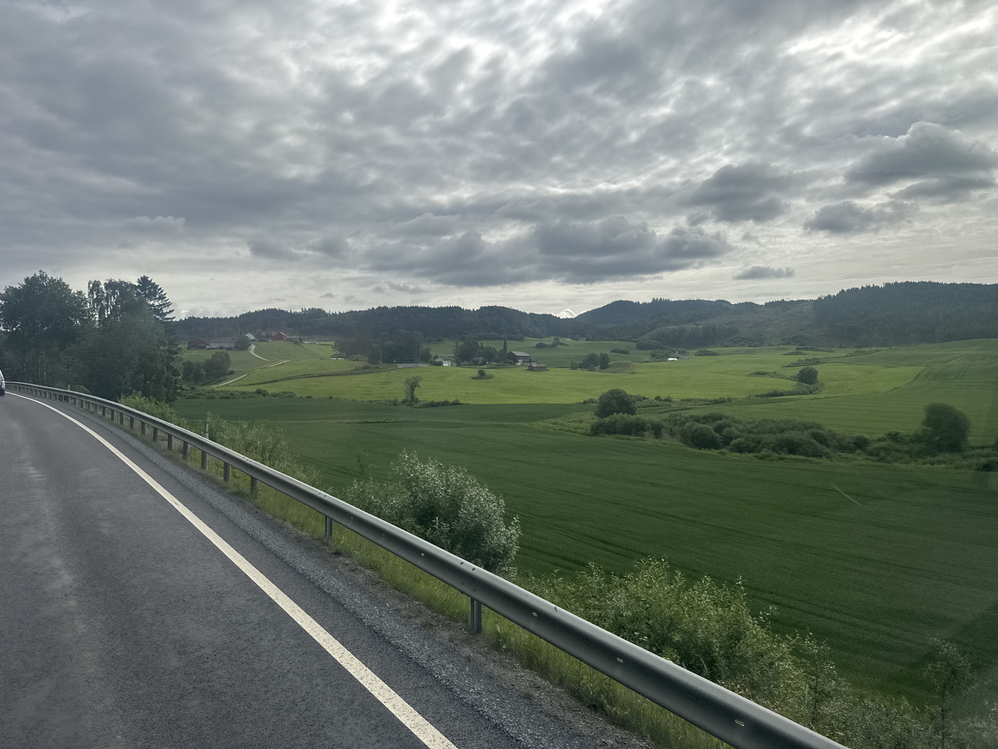 The image shows a rural landscape in Røra, Norway, viewed from a road. The foreground features an asphalt road with a white line marking, bordered by a metal guardrail and some vegetation. Beyond the road, a vast expanse of green fields stretches out, dotted with trees and a few farm buildings. In the background, rolling hills covered in dense forest rise, and beyond them, more distant hills are visible. The sky is overcast with thick, grey clouds, suggesting a cloudy or possibly rainy day. The overall mood is serene and tranquil, characteristic of a Norwegian countryside. The time of day appears to be daytime, likely afternoon, given the diffused light. There is no visible text in the image. The scene depicts a typical rural setting with agricultural land and natural landscapes.