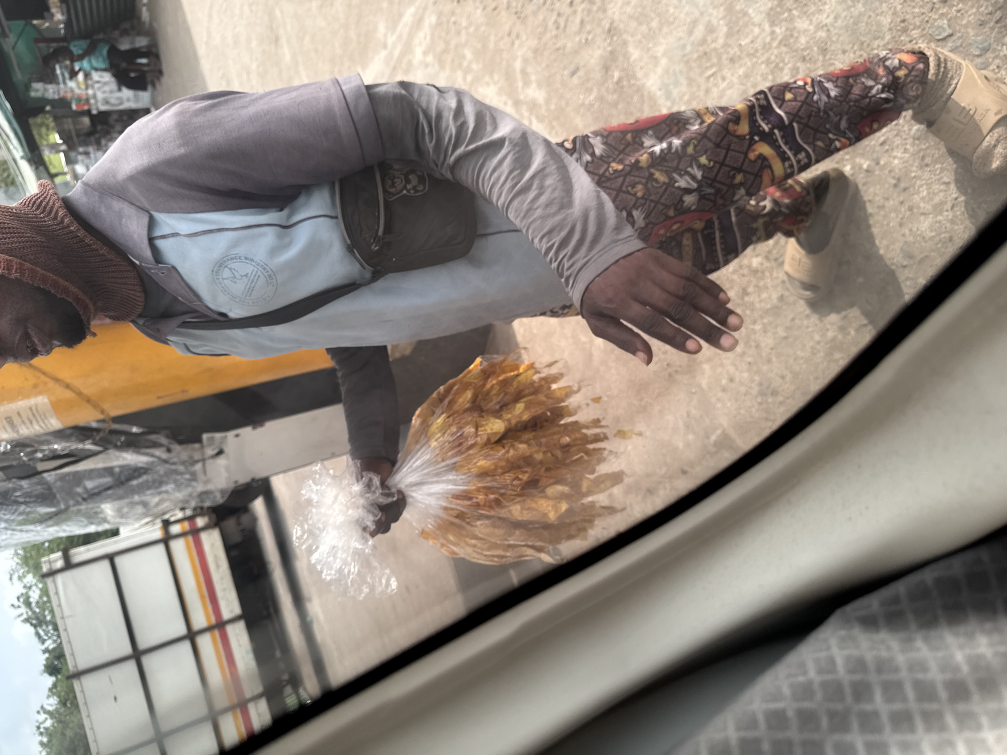 A street vendor stands on the side of a road in Gaga, Nigeria, offering a large bag of fried plantain chips to a potential customer in a vehicle. The vendor is wearing a knitted hat, a long-sleeved shirt, patterned pants, and sandals. The setting includes other parked trucks and greenery. The shot appears to be taken from inside the vehicle.