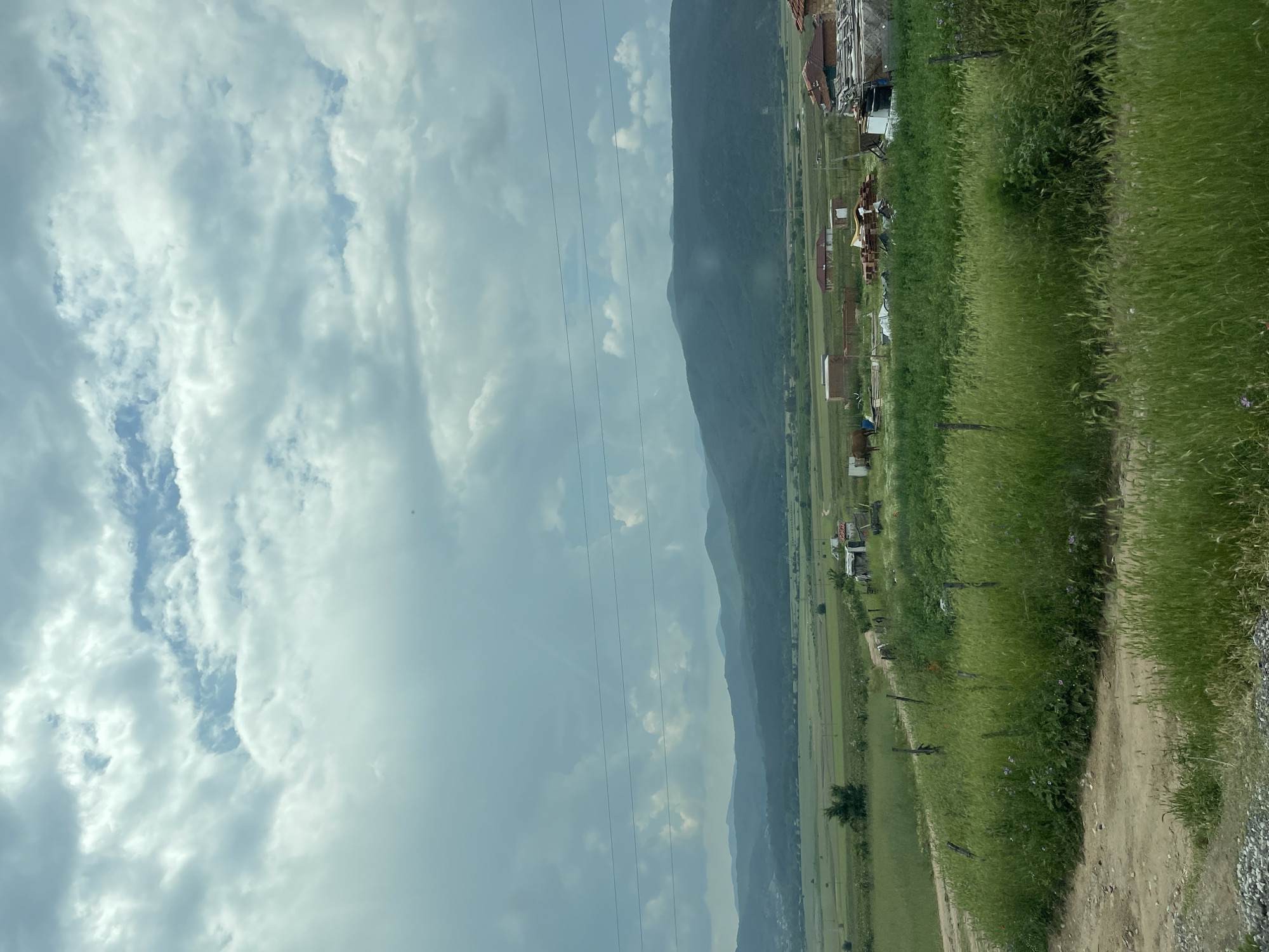 The image captures a rural landscape near Rozino, Bulgaria, under a predominantly overcast sky with scattered patches of light blue. A distant range of dark green mountains forms the background, appearing somewhat hazy. The midground features expansive, verdant fields, likely agricultural, exhibiting various shades of green. Three parallel power lines stretch horizontally across the upper-mid section of the frame. Scattered within the fields are several modest structures, including small buildings, some with reddish-brown tiled roofs, and other utilitarian constructions. A dirt road or track curves from the lower-left corner through the midground. A dark-colored horse is visible standing near one of the structures in the mid-right. The foreground is dominated by dense, tall green grass and weeds, interspersed with small purple flowers. Short, rough wooden posts are present within the tall grass, suggesting a boundary or old fence line. A section of gravel is visible in the extreme bottom-left. No individuals are present in the scene.