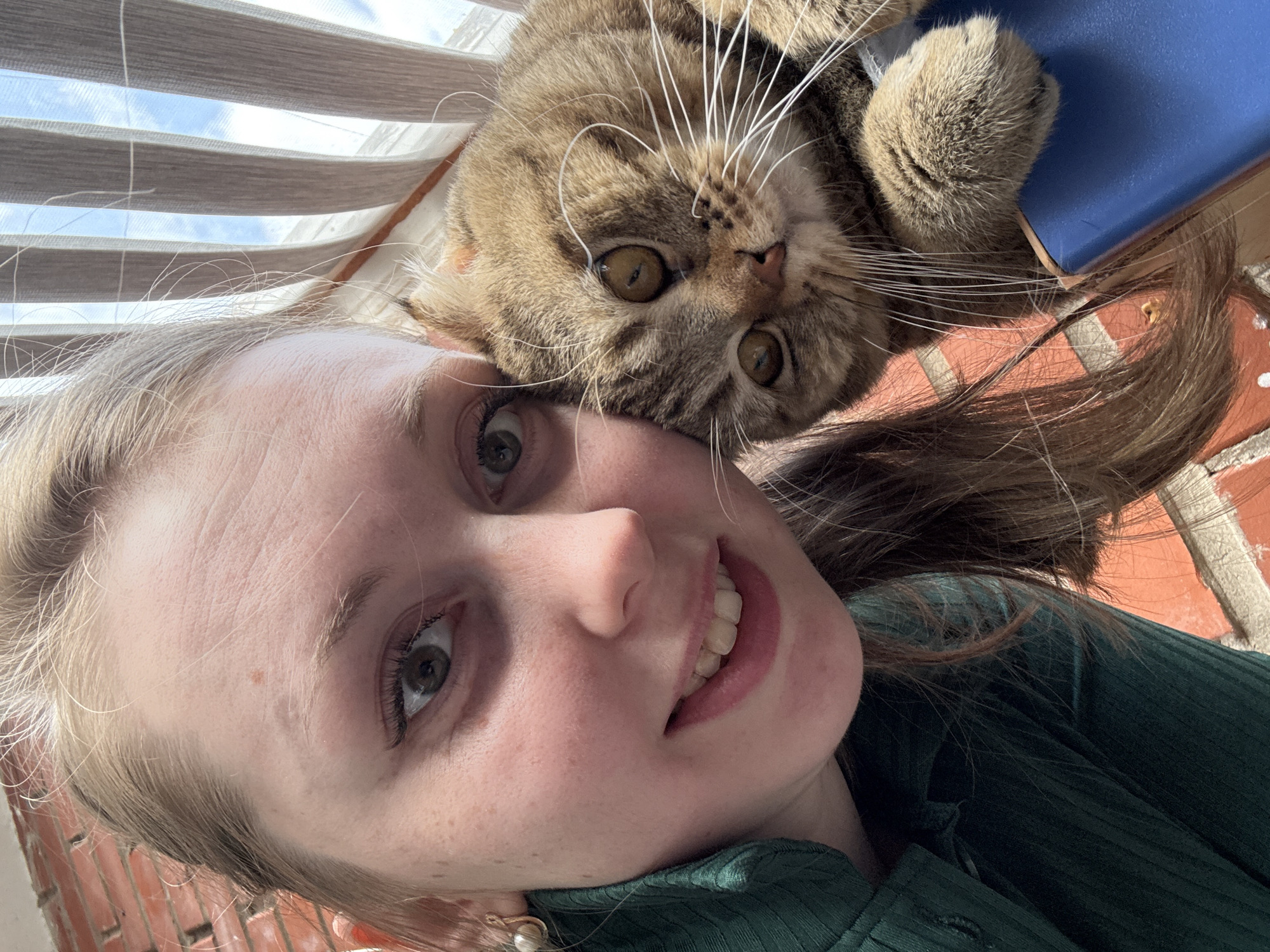 A close-up, rotated selfie captures a young woman and a tabby cat. The woman, with light brown hair pulled back, is wearing a green ribbed top and has a faint smile, looking towards the camera with wide eyes. A small pearl earring adorns her left earlobe. The tabby cat, with its distinctive stripes, prominent white whiskers, and large amber eyes, is positioned above the woman's head, resting on her hair or scalp. The cat is also looking directly into the camera with a curious expression. One of the cat's fluffy paws is visible, resting on a dark blue object, which could be a book or cushion.
The background shows a striped blind or awning, with patches of clear blue sky visible through the slats, indicating a bright daytime setting. A reddish-brown, brick-like surface is also partially visible, suggesting an indoor or semi-outdoor location like a balcony or patio. The image conveys a playful and affectionate interaction between the woman and her cat. No visible text is present in the scene.