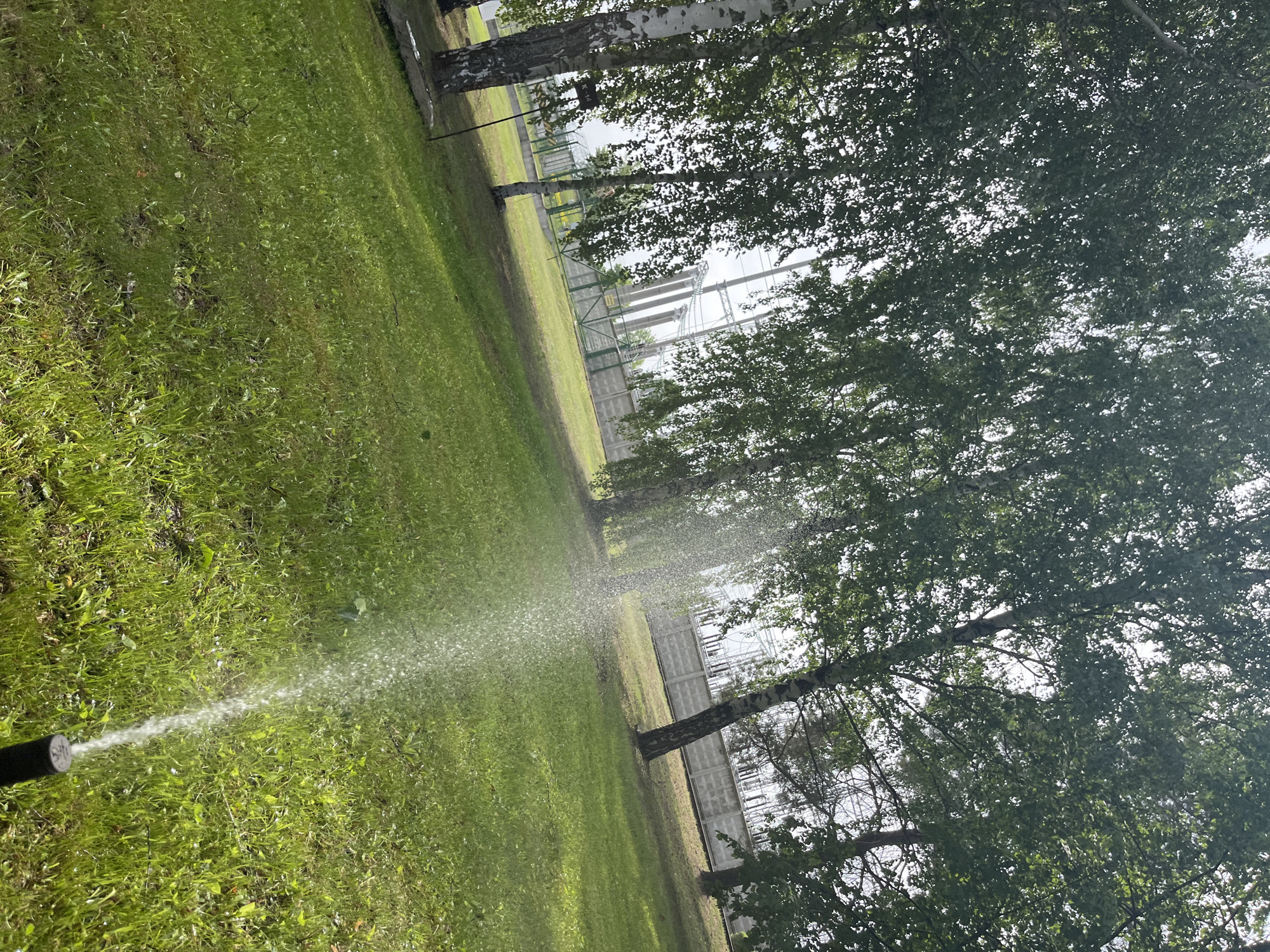 The image shows a grassy area in what appears to be a park or yard. A sprinkler is actively watering the grass, with a visible spray of water. The grass is green and appears well-maintained. In the background, there are several trees, likely birch, and a fence-like structure. The fence suggests that the area may border a property line or enclosure of some sort. In the distance, there are some industrial structures, possibly part of a power plant. Given the reference to Chaikovsky, Russia, it is possible that this area is near the Votkinsk Hydroelectric Station. However, this location cannot be definitively confirmed from this image alone.