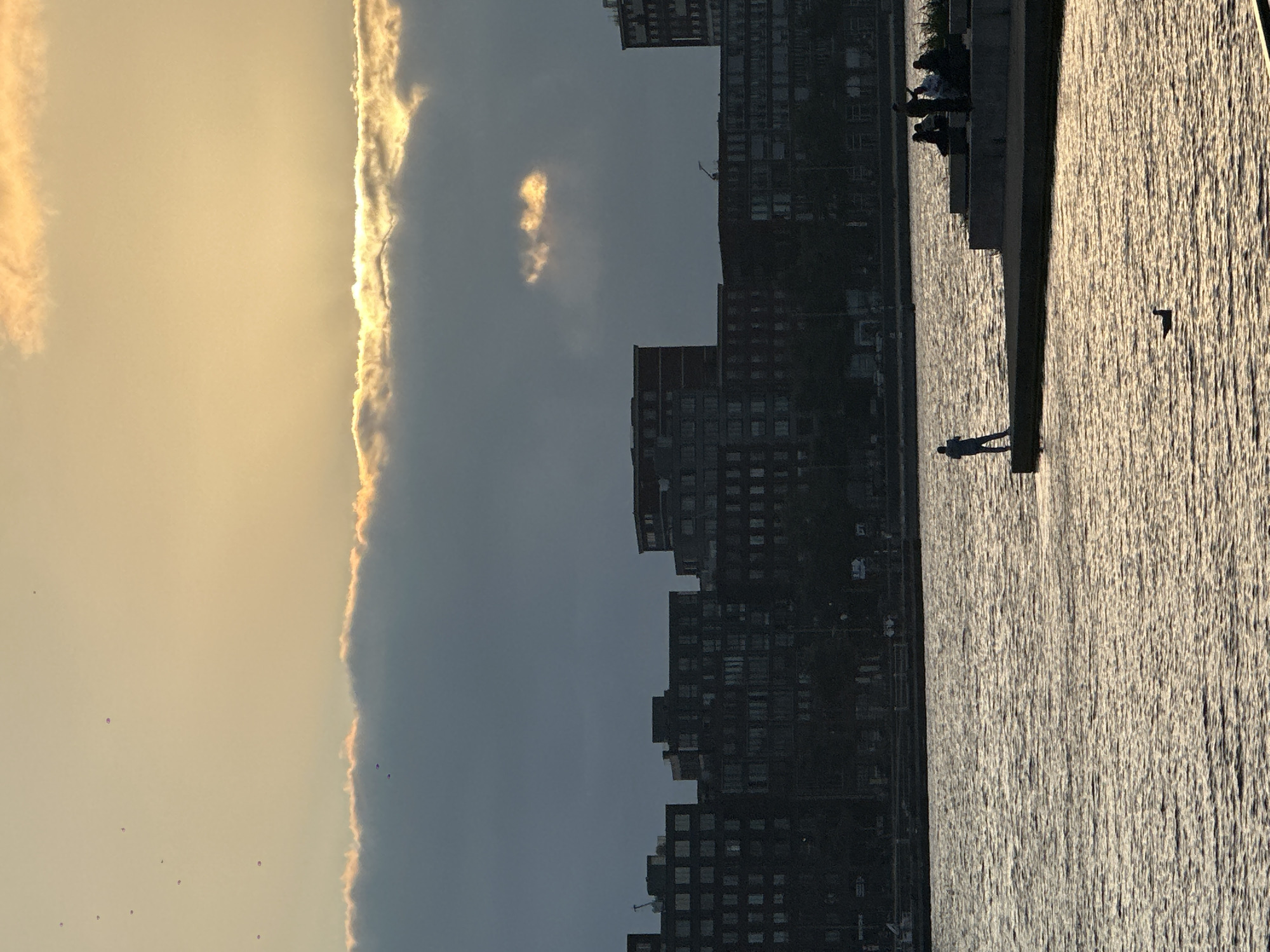 The image captures a tranquil waterside scene in Amsterdam, Netherlands, during what appears to be sunset or sunrise. The sky is a blend of warm hues, with the sun peeking through a thick band of clouds, casting a golden glow. Several small, dark objects, possibly birds or kites, are scattered across the upper portion of the sky. Below the sky, a silhouette of buildings lines the horizon, suggesting an urban environment.
In the foreground, a calm body of water reflects the light from the sky. Along the edge of the water, a concrete promenade is visible. On this promenade, several individuals are present. To the left, a single person stands facing the water. Further to the right, a group of people are seated or standing together. A solitary bird floats on the water in the mid-ground. The overall impression is one of urban tranquility and the beauty of natural light.
