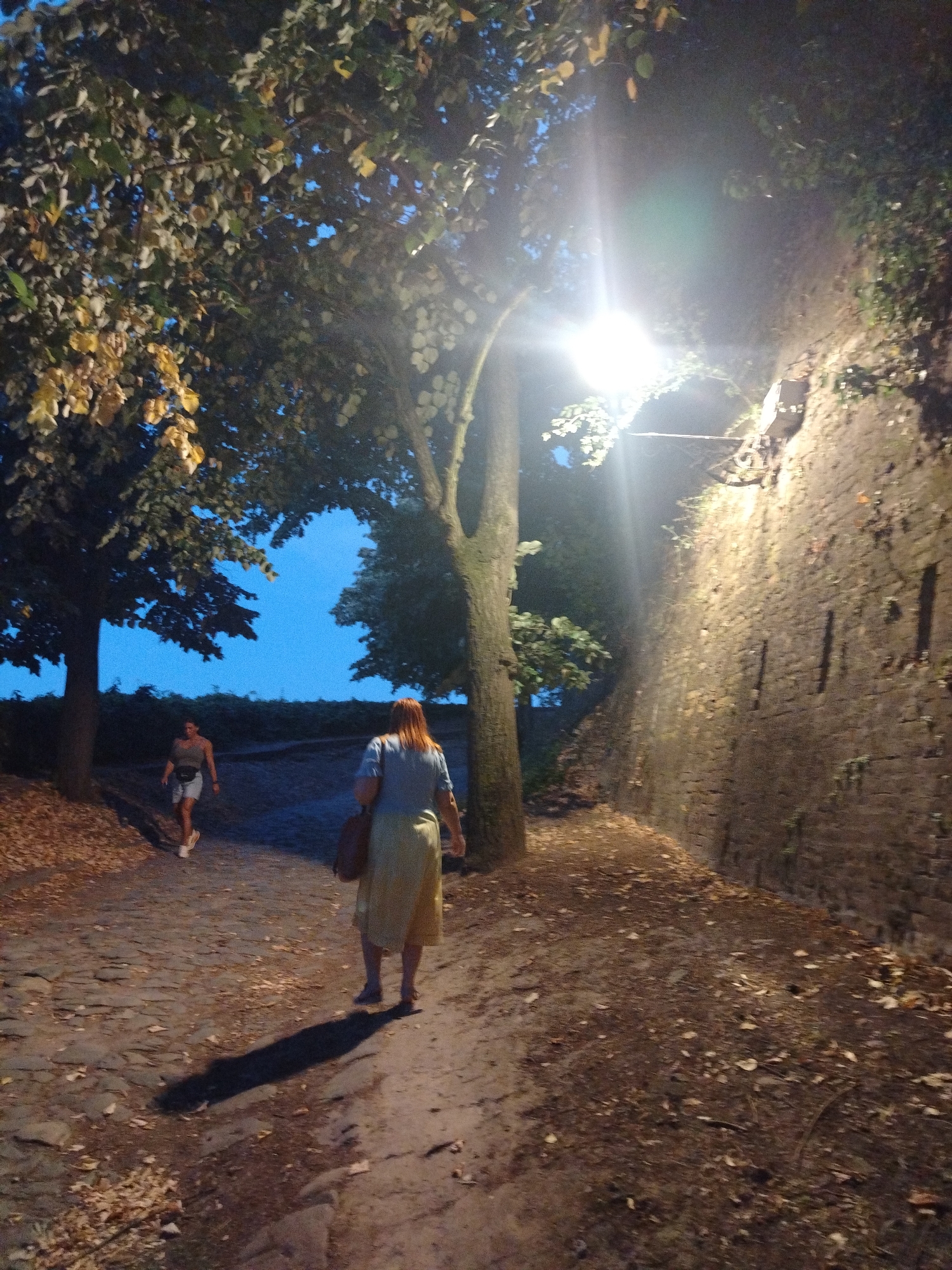 In Petrovaradin, Serbia, a paved path meanders through a park-like setting adjacent to a stone wall illuminated by a bright overhead light. Two individuals are present on the path. The person closest to the foreground is walking away from the viewer, wearing a light blue shirt and a long, pale yellow skirt, carrying a brown bag over their shoulder. Further down the path, another person is walking towards the foreground, wearing a grey tank top and light-colored shorts, with a dark fanny pack around their waist. Large trees with lush green and some yellowing leaves flank the path, casting shadows. Fallen leaves are scattered across the ground, and the sky above is a deep twilight blue. The stone wall, weathered and textured, forms a prominent feature on the right side of the image, with visible mortar lines and some overgrowth. The overall scene suggests an evening stroll in a historic urban environment.