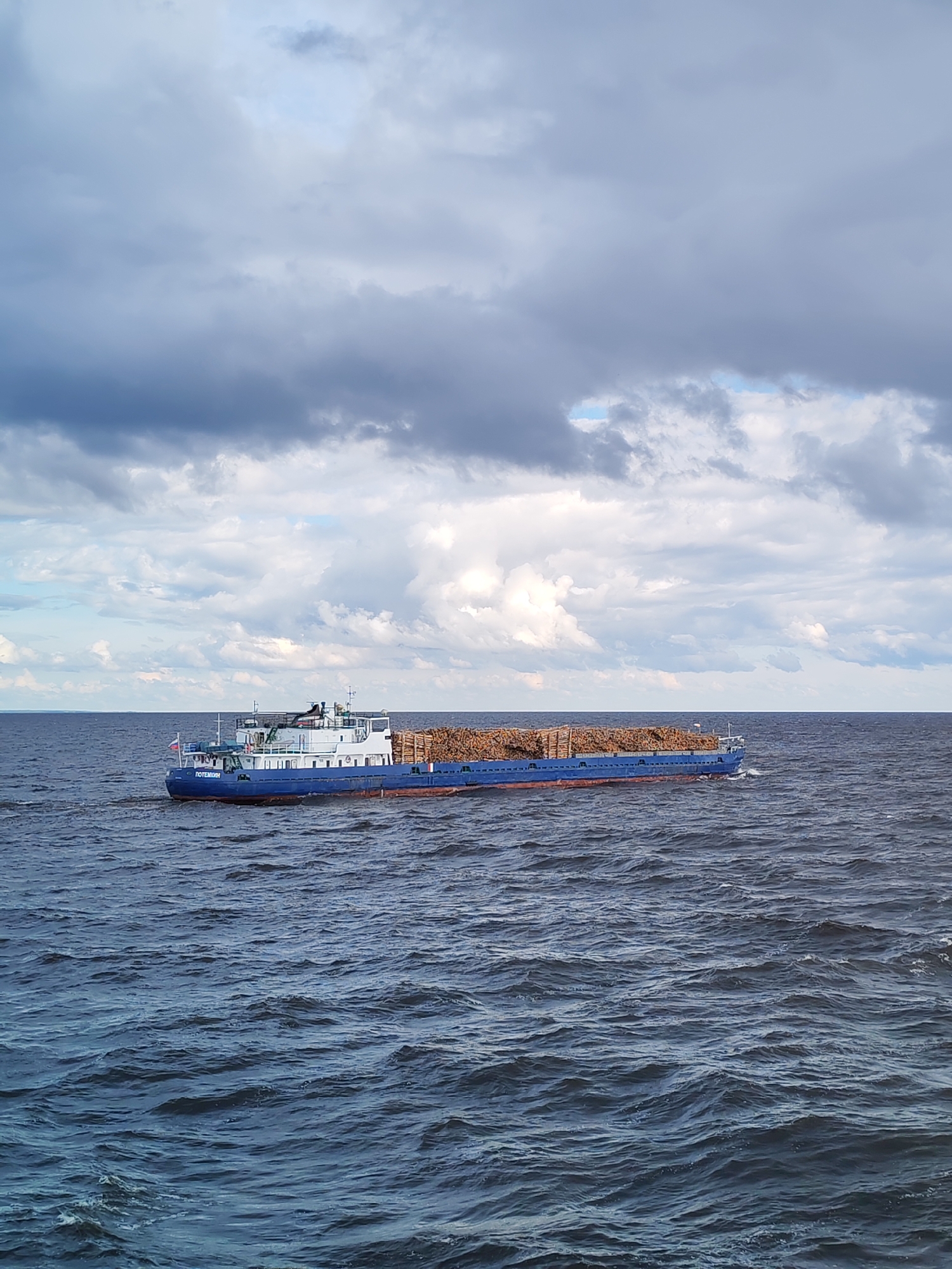 A barge loaded with logs is sailing on a body of water under a cloudy sky. The barge is blue and white, with a Russian flag at the stern. The logs are stacked high on the deck of the barge. The water is choppy, with waves of dark blue. The sky is filled with dramatic clouds, with patches of blue sky visible. The image appears to have been taken from another boat. The location is likely the Volga River near Prislon', Russia, given the name on the barge "ПОТЕМКИН", which is a city in Russia, and the type of barge.