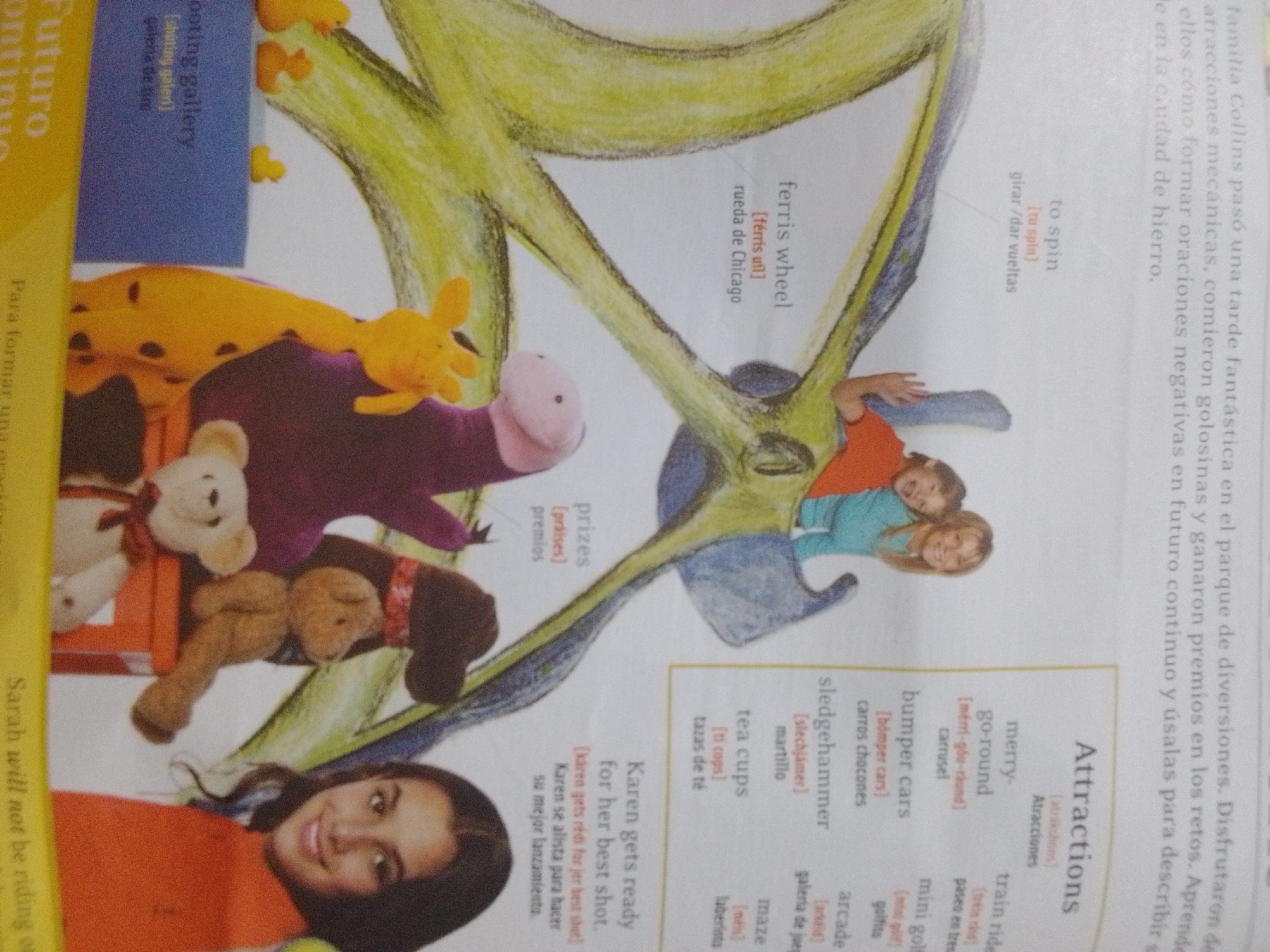 The image displays a colorful illustration likely from a children's book or educational material, depicting various attractions and toys. In the foreground, a young woman with dark hair and a bright orange shirt smiles at the viewer. Behind her and to the left, several stuffed animals, including a giraffe and teddy bears, are arranged. The central part of the illustration features a stylized drawing of a large, green structure resembling a tree or a climbing frame, with blue and dark blue elements at its base. Several labels are present in English and Spanish, identifying attractions like "ferris wheel," "to spin," "bumper cars," "merry-go-round," and "sledgehammer," along with their Spanish translations. Text in Spanish is also visible, referring to a family, a fantastic afternoon, mechanical attractions, and prizes won in a city of iron, with specific mention of "La Tagua, Venezuela." The overall scene is vibrant and playful, suggesting an amusement park or fair setting.