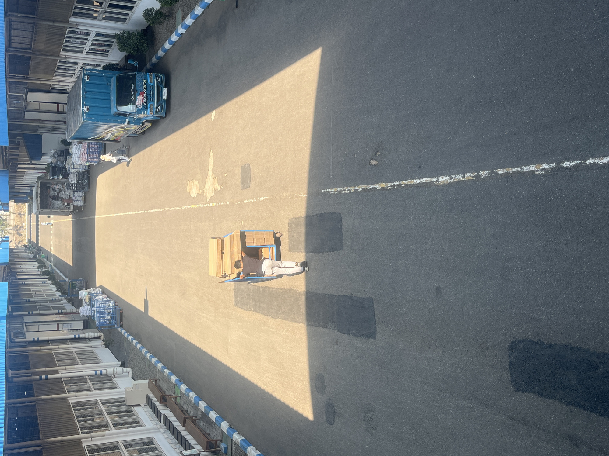 The image depicts a scene within an industrial or logistics area, possibly a loading dock or a factory courtyard, in Pelang, Indonesia. The environment is paved with asphalt and bordered by long, single-story buildings with corrugated metal roofs supported by white columns. The buildings have numerous windows and some appear to have loading bay doors. Wooden benches are placed along the side of the paved area near the buildings.
In the foreground, a person wearing a dark long-sleeved shirt and light-colored pants is pushing a blue industrial cart laden with stacks of lumber or wooden planks. The cart has four wheels and a handle. The person is walking away from the viewer towards the right side of the frame.
Further down the paved area, a blue box truck with the word "devani" visible on its side is parked. A second individual, wearing a light-colored shirt and pants, is standing near the truck, appearing to be interacting with it or its contents. In the background, more trucks and carts loaded with goods, likely sacks or bales, are visible, indicating active logistics operations. The scene is illuminated by bright sunlight, casting long shadows across the pavement. The overall impression is one of a busy work environment.