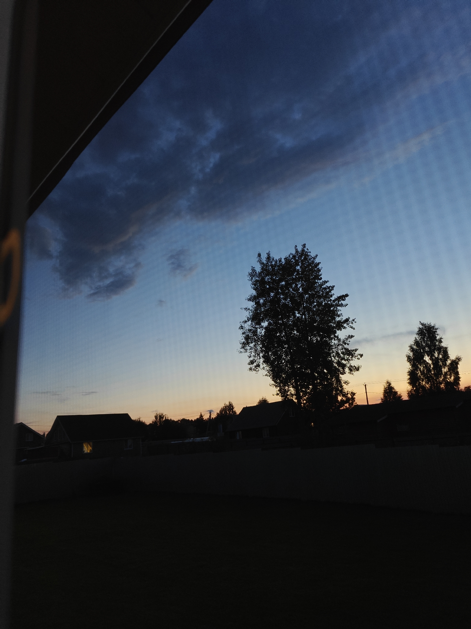 The image depicts a rural landscape at dusk, likely in or around Русский Вожой, Russia. The sky transitions from a deep blue at the top to a pale orange and yellow near the horizon, indicating the setting sun. Dark, silhouetted trees and houses are visible against the fading light. A prominent, large tree stands to the right of center, its dense foliage creating a dark mass against the sky. To its left, another, smaller tree is also silhouetted. Several houses with dark roofs are scattered across the middle ground, with one house on the left side of the frame featuring a bright, illuminated window, suggesting occupancy. A fence or wall runs horizontally across the lower middle of the image, and the foreground is predominantly dark and indistinct. The overall atmosphere is quiet and serene, characteristic of a rural evening. The image appears to be taken through a screened window, as faint horizontal lines are visible across the scene.