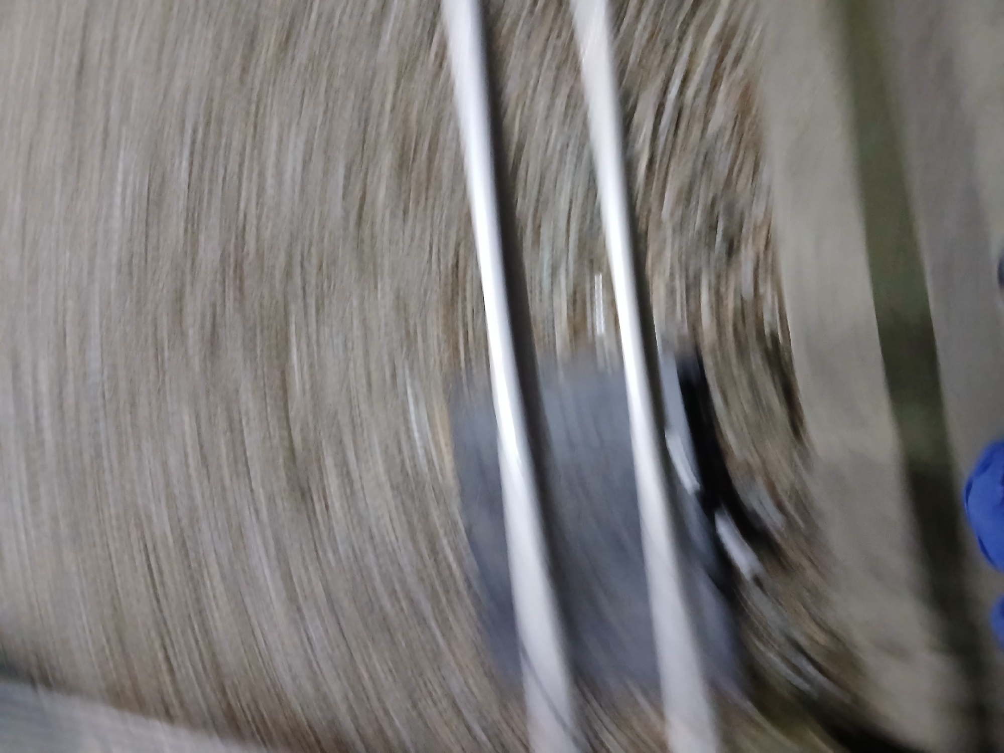 The image, taken in Santa Ana, Venezuela, depicts a blurred, dynamic scene. Two prominent metallic bars run horizontally across the frame, suggesting they are part of a structure or equipment. Beneath these bars, a dark, indistinct object is visible, possibly a person or a piece of machinery, showing motion blur. The background is a textured surface, appearing to be a floor or ground with a distinct pattern of horizontal lines, possibly indicating wood grain or a similar material. The overall impression is one of movement and a lack of clear detail due to motion blur.
