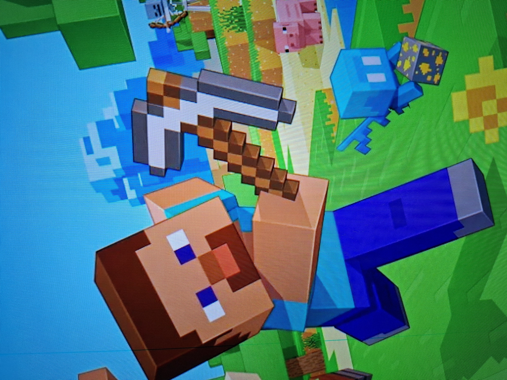The image shows a Minecraft character holding a pickaxe. A blue allay is nearby, carrying a block. The environment consists of pixelated green, blue, and other colored blocks, typical of the Minecraft game.