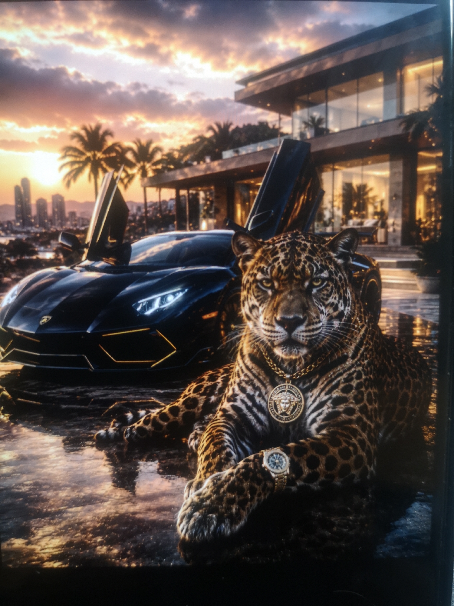 The image depicts a jaguar wearing a gold chain and watch in front of a black Lamborghini with raised doors. In the background, there is a modern house with glass windows and palm trees, set against a cityscape at sunset. The location is a waterfront property.
