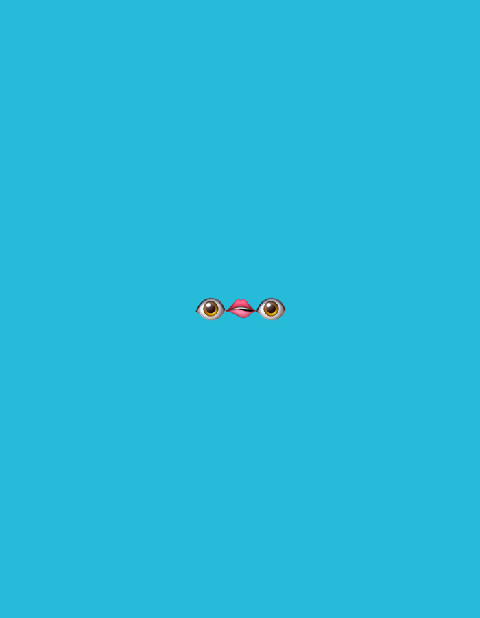 The image displays a flat, uniform teal-blue background (RGB approximately 0, 169, 203). Centrally positioned within this monochrome field, slightly below the vertical midpoint, are three distinct emoji graphics arranged horizontally. These include two eyes and a mouth. Each eye features a white sclera, a light brown iris, and a central black pupil, rendered with slight highlights suggesting convexity. They are positioned equidistant from a small, pink, puckered mouth emoji that is centered precisely between them. The overall composition is abstract, devoid of depth, perspective, or any environmental elements. There are no individuals, complex subjects, actions, or interactions depicted. The scene provides no contextual information or visual cues to indicate a geographical location, including "New Stadium, Nigeria," as it is a digital graphic against a solid color.