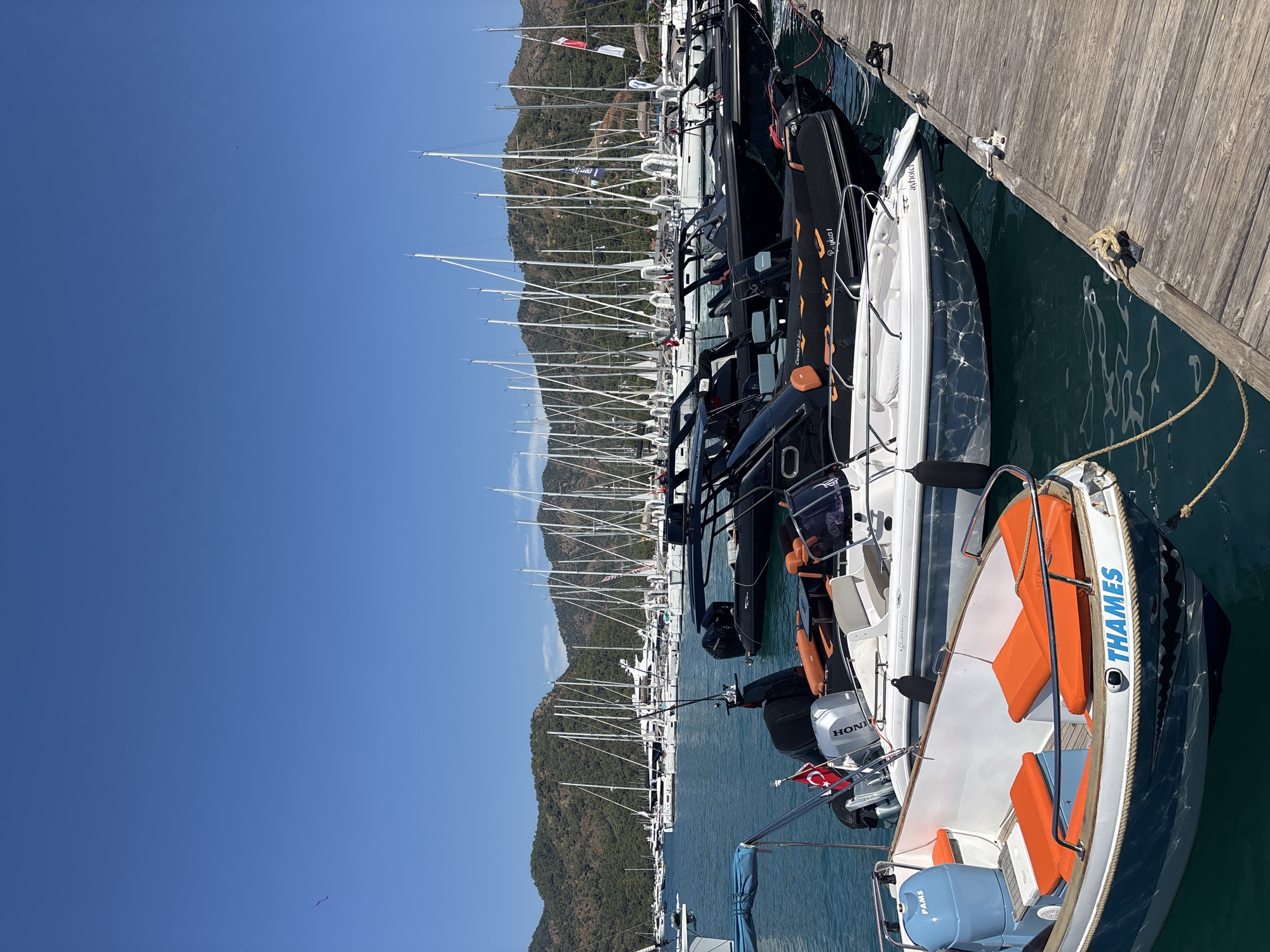 This image depicts a marina in Fethiye, Turkey, on a clear, sunny day. In the foreground, several boats are docked. Closest to the viewer is a white and blue speedboat with orange cushions and the name "THAMES" painted on its hull. To its right, and slightly further back, is a black inflatable boat with orange accents. Behind these, a row of larger yachts, mostly white with tall masts, are moored. The background features a densely vegetated, mountainous landscape under a bright blue sky. The water is calm and reflects the sunlight. The scene is typical of a bustling harbor in a coastal Turkish city.