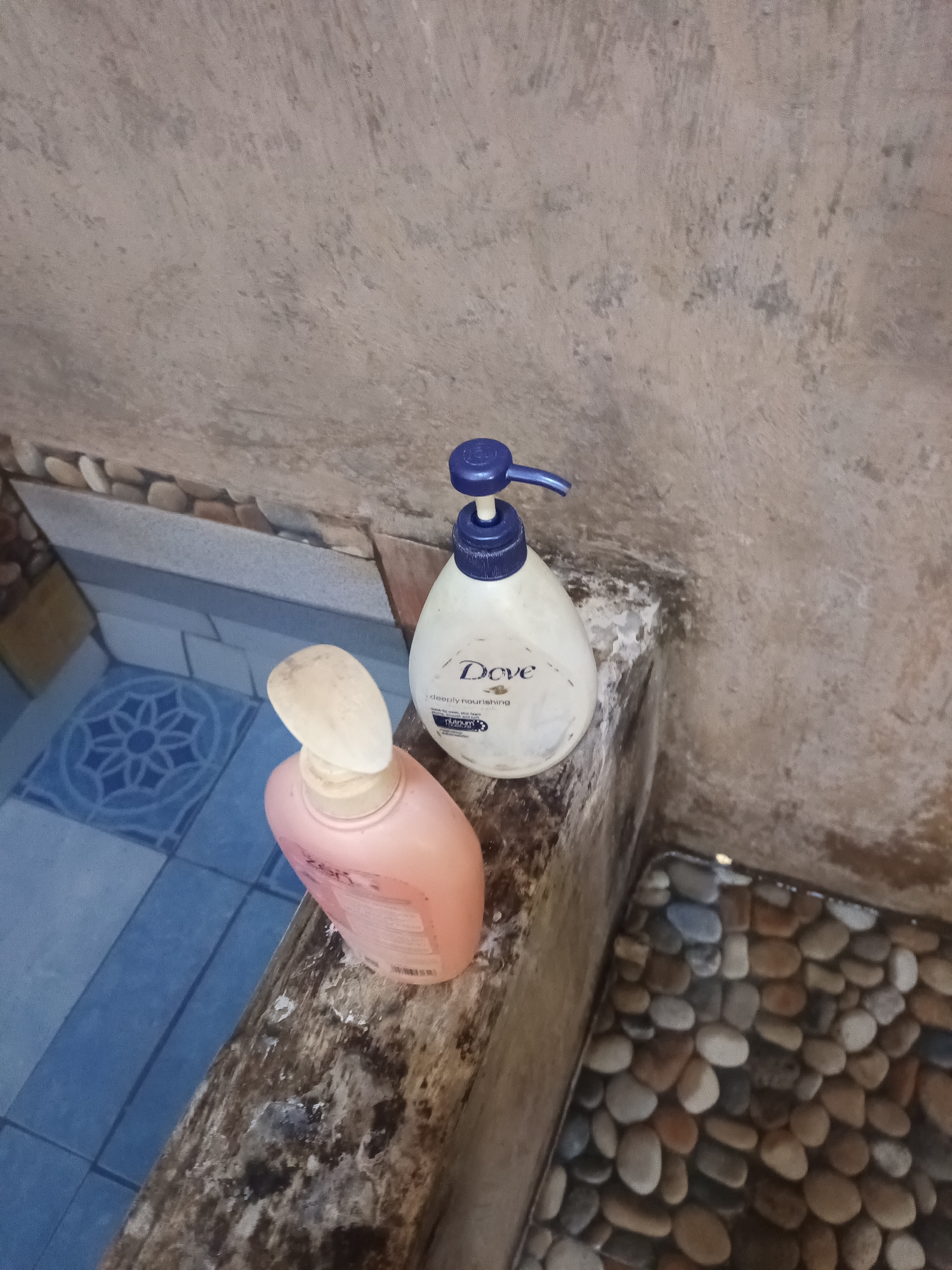 In the city of Terbanggi Marga, Indonesia, an image captures two bottles of liquid soap placed on a weathered, wooden ledge. The ledge itself is situated above a small pool filled with smooth, multi-colored stones and a portion of tiled flooring with a decorative blue pattern. To the left of the ledge, more blue-tiled flooring is visible. The background consists of a rough, textured concrete wall, showing signs of age and possibly moisture. The lighting is subdued, creating a somewhat dim atmosphere. No individuals are present in the frame, and no actions or interactions are depicted. The scene appears to be in an outdoor or semi-outdoor area, possibly a bathroom or wash area, characterized by natural elements and functional fixtures.
