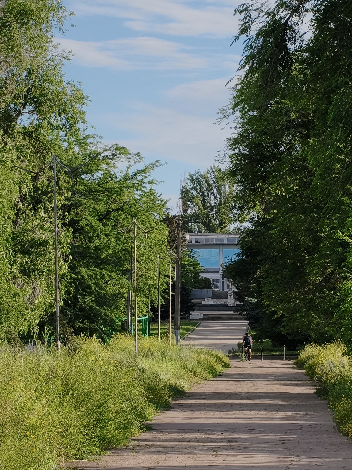 An upward-angle, vertical, medium shot captures a dirt path leading towards a modern building with large blue windows in the distance. The path is flanked by lush green trees and tall grass with yellow wildflowers. A lone individual on a bicycle is riding away from the viewer on the path, heading towards the building. The sky above is blue with scattered white clouds. This scene appears to be in or near the city of Shyroka Dacha, Ukraine.