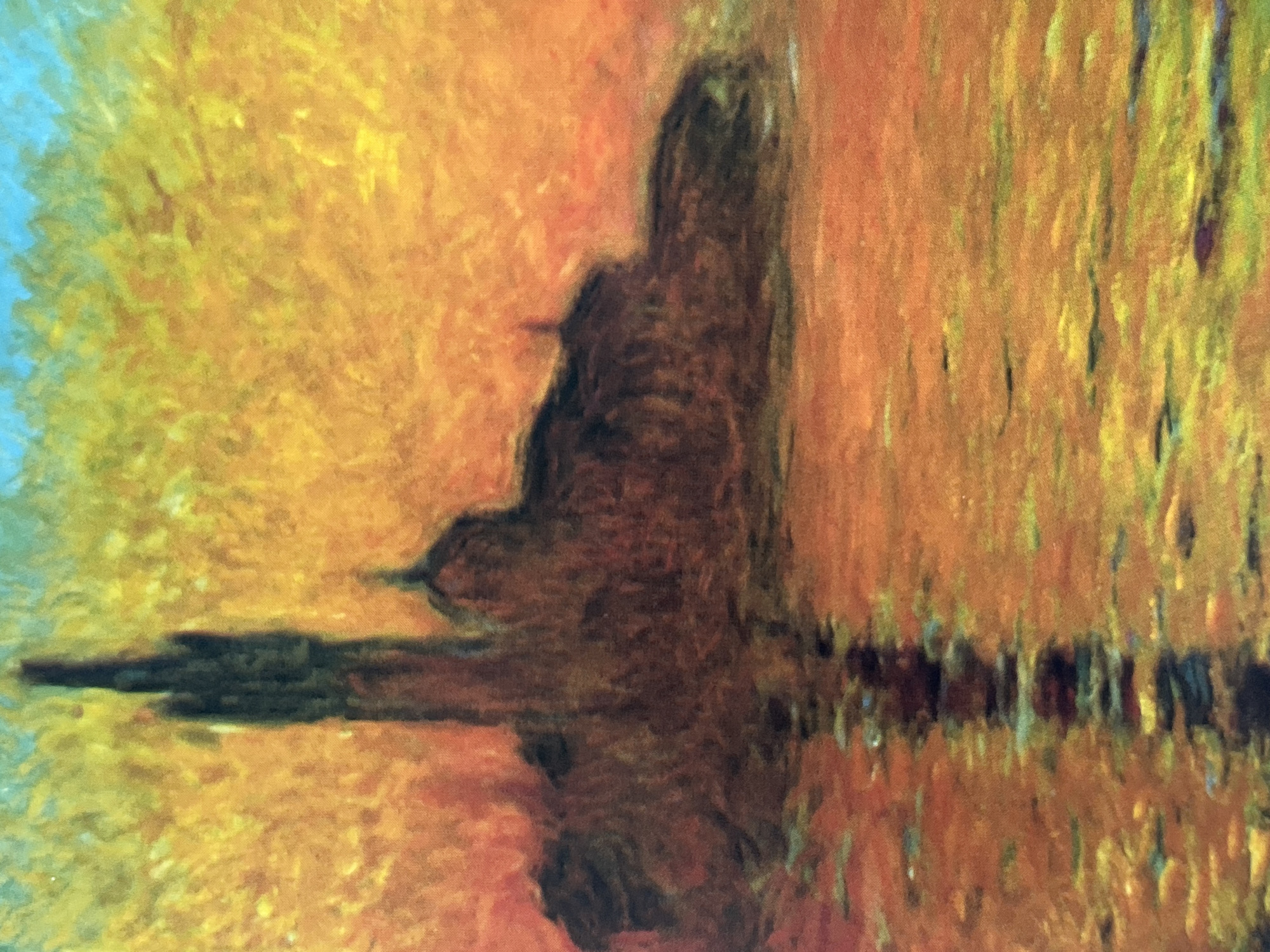 The image presents an impressionistic depiction of a bird perched on a horizontal surface, possibly a branch or a dock. The scene appears to be near water, evident by the bird's reflection below. The color palette is dominated by warm tones like orange and yellow, with hints of blue in the upper left, possibly representing the sky. The brushstrokes are loose and blend together, creating a soft, almost dreamlike quality.
Due to the image's abstract nature, identifying the exact location within Varna, Bulgaria, is impossible.