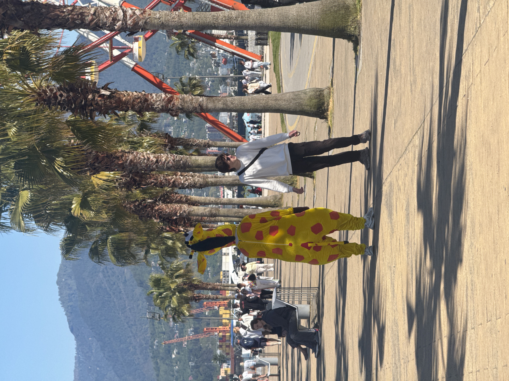 A sunny day in Batumi, Georgia, captures a sidewalk scene lined with palm trees, casting long shadows. Two individuals are prominent: one in a bright yellow giraffe costume with red spots, and another person walking alongside, wearing a white long-sleeve shirt and dark pants with a black cross-body bag. The backdrop features a ferris wheel and other amusement park structures in the distance. Additional people are seen along the sidewalk, including individuals seated on benches. In the far background, a mountain rises against a clear sky.