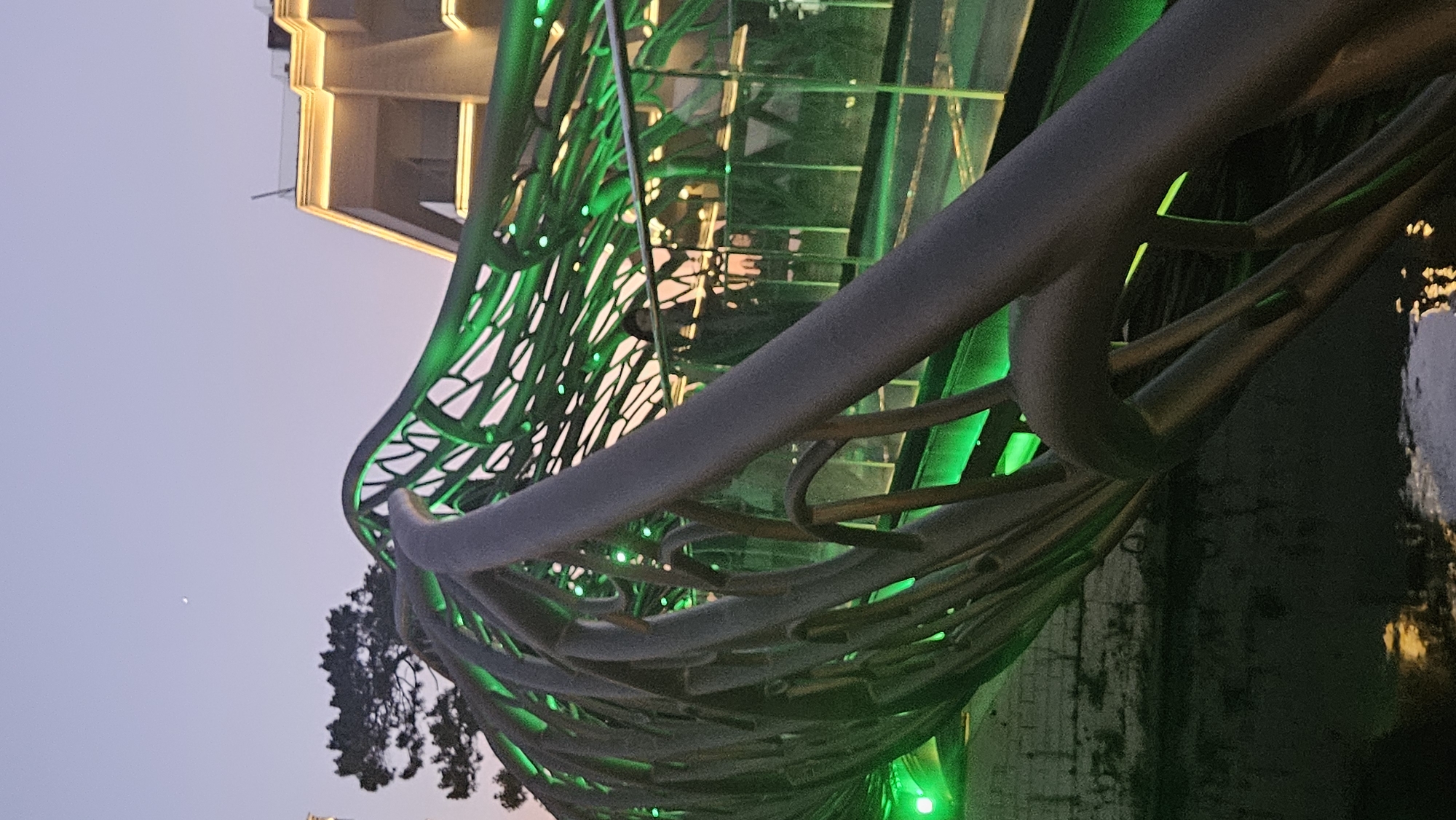 This is a photograph of a modern bridge in the city of Sochi, Russia, likely taken at dusk. The bridge has a distinctive organic, branching design, resembling a metallic vine or tree structure, and is illuminated with bright green LED lights. The structure is made of dark, curved metal beams that twist and interweave, creating an open, lattice-like pattern along its upper surface. The walkway of the bridge appears to be made of glass panels, with a glass railing.
In the background, a building with warm, illuminated windows and architectural lighting is visible. The sky is a soft gradient of purple and pink, indicating the transition from day to night, and a faint crescent moon is visible in the upper left portion of the image. A silhouette of a person can be seen on the bridge, looking out. The bridge spans over a dark body of water, possibly a canal or river, which reflects some of the ambient light. A tree with dark foliage is situated to the left of the bridge, silhouetted against the sky. The overall impression is one of modern, artistic urban architecture integrated into a natural-like form, illuminated for evening viewing.