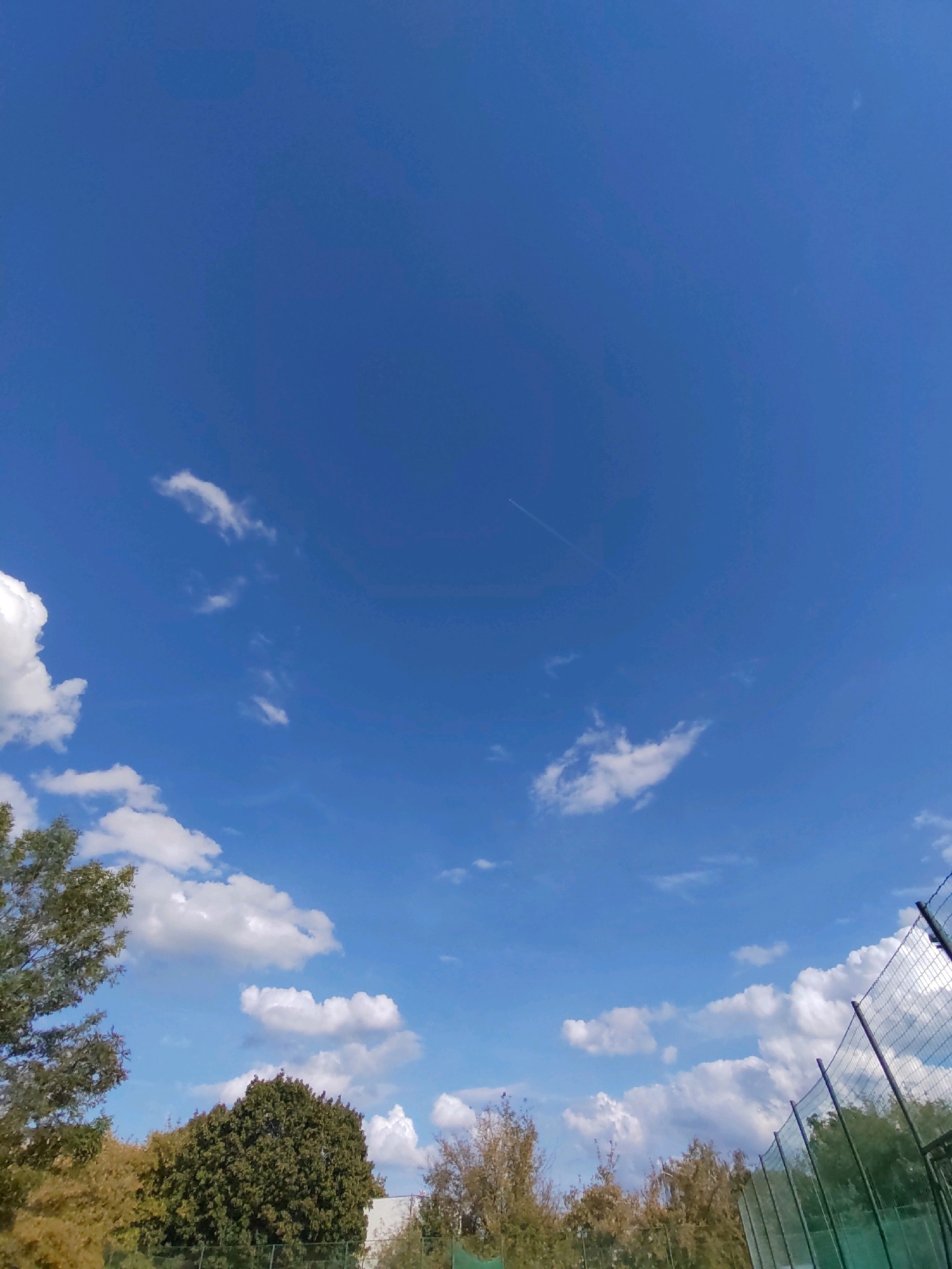 The image shows a bright blue sky with scattered white clouds. In the distance, a faint contrail from an airplane is visible. The lower part of the image features the tops of several trees with green and yellow foliage, suggesting it is either late summer or early autumn. A chain-link fence is also visible on the right side of the frame, bordering a green area. There are no people or specific city landmarks identifiable in the image. Given the context of Prague, this scene could depict a park, sports field, or an area on the outskirts of the city with open sky and trees.