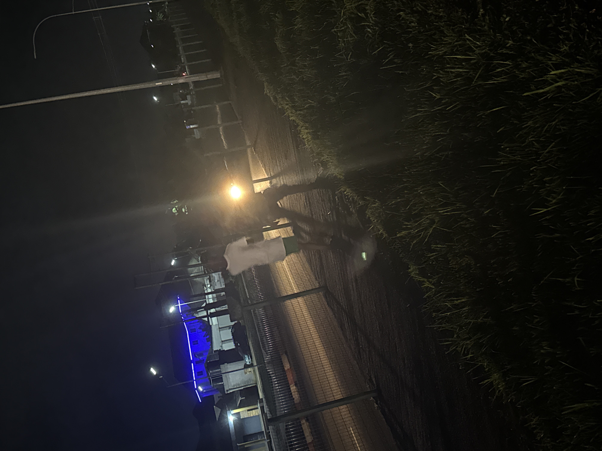This nighttime outdoor scene captures a street in Uyo, Nigeria. A person in a white t-shirt and green shorts stands near a metal fence, looking towards the street. Across the street, a building is illuminated with bright blue lights. Two streetlights are visible, one in the foreground and another further down the road, with a third, more distant streetlight on the right. The foreground is dominated by dark grass, with a paved area and the street behind the fence. A vehicle's headlight illuminates the scene from the left, casting a bright light and lens flare.