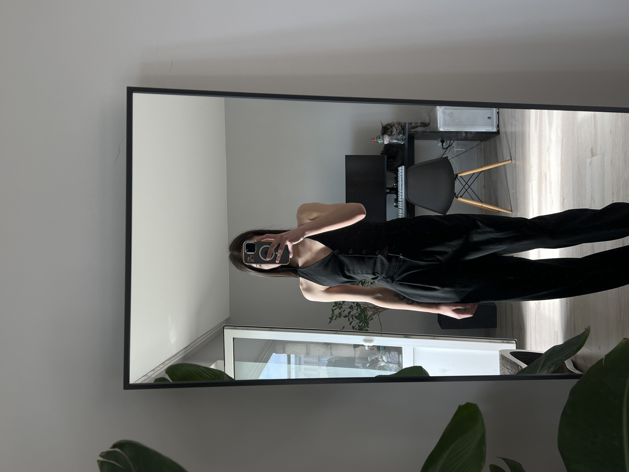 A young woman is taking a mirror selfie indoors. She's wearing a black jumpsuit and holding a smartphone in front of her face, obscuring most of it. The mirror is rectangular with a black frame. Reflected in the mirror is a room with light-colored walls and a gray wood-look floor. A desk with a computer and keyboard are visible in the background, along with a black office chair. A cat is seen resting on the desk. Near the bottom of the mirror's reflection is a white-framed window or glass door. Plants are positioned in front of the mirror. It's unknown whether this is Ternopil, Ukraine.