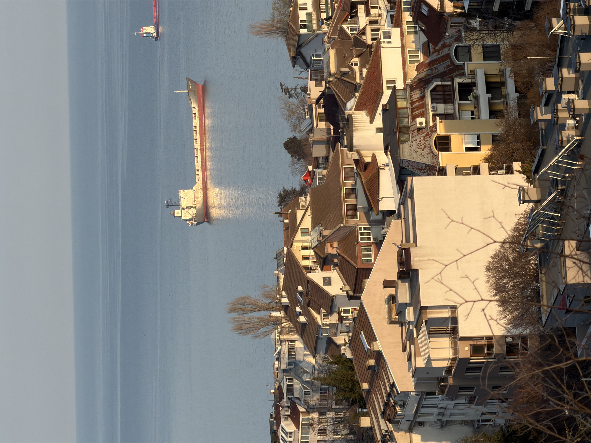 The image shows a view of the city of Varna, Bulgaria, taken from an elevated position. The Black Sea is visible to the left, with two large cargo ships on the water. The coastline is lined with buildings of varying heights and architectural styles, including residential houses and apartment blocks. Many of the buildings have red-tiled roofs. Several trees are present among the buildings, some with bare branches. The sky is light blue with a slight gradient. Sunlight is reflecting off the sea. The image is rotated 90 degrees counter-clockwise.