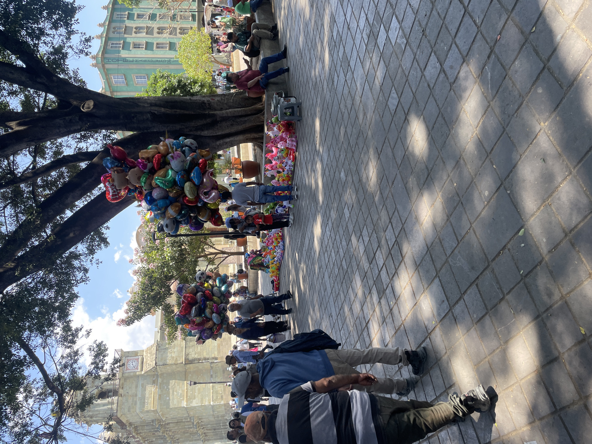 This outdoor photograph shows a street scene in Oaxaca City, Mexico. The perspective is angled to the left, with the foreground dominated by a gray, patterned brick surface.
In the middle ground, numerous people are present, seemingly strolling through the area. One individual is visible in a blue hoodie and tan pants. Several bunches of colorful balloons on display for sale can also be seen.
Various other items are arranged on the ground, including stuffed animals. A building with a visible clock tower is in the background, adding a sense of place. Overhead, a large tree spreads its branches. Sunlight streams in, creating shadows and highlights throughout the scene.