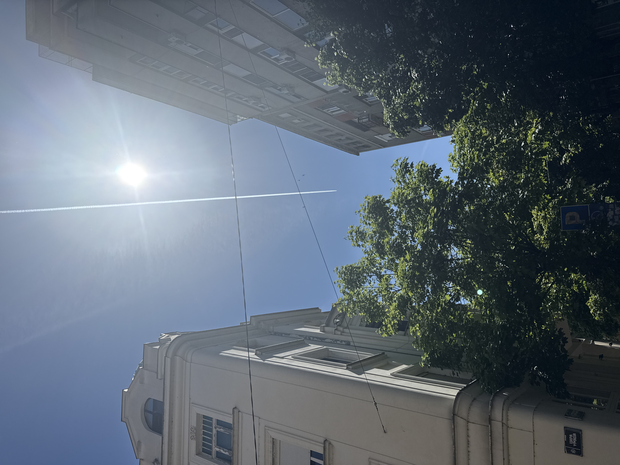 Captured from a street-level perspective in Belgrade, Serbia, the image shows a clear blue sky with a contrail of an airplane extending from the sun. Two buildings flank the sky. On the left is a white building with detailed architectural features. On the right is a taller building with numerous windows. Green trees fill the upper-right corner. A road sign is visible among the trees. A street name sign is visible on the white building. Power lines run across the scene.