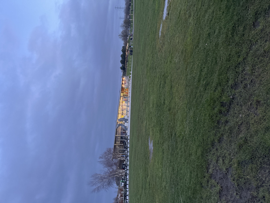 The image depicts an outdoor scene at dusk or early evening within The Helix Park, Falkirk, United Kingdom. The foreground consists of a large expanse of green grass, showing visible patches of mud and several small puddles.
In the midground, a modern, single-story building with a predominantly glass facade is prominently featured. The word "CAFE" is legible in large, white lettering on the building's glass front, which is brightly illuminated from within by warm yellow lights. Inside the cafe, several indistinct human figures are visible. To the left of the building, a cluster of bare-branched trees, consistent with birches, stands. Immediately in front of and to the left of the cafe, a series of dark picnic tables with benches are arranged on a paved surface. A large, pale-colored sculpture, identifiable as the head of one of The Kelpies, is positioned directly in front of the cafe's main entrance.
To the right of the building, a paved pathway is visible, along which several human figures are walking. A string of decorative outdoor lights is suspended above this pathway. In the far background, distant trees and at least two large metal electricity pylons are discernible against the horizon. The sky is heavily overcast with a uniform grey-blue tone, indicating an absence of direct sunlight.