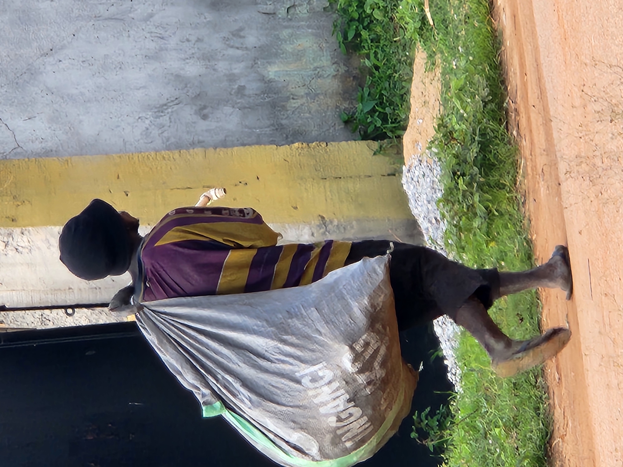 A person, viewed from behind and from the side, is wearing a black cap and a purple and yellow horizontally striped shirt. They are carrying a large, light-colored bag slung over their shoulder. The bag appears to be made of fabric and has some text printed on it, partially obscured by wrinkles and folds. The person is also wearing dark shorts and dark footwear that appears to be sandals or flip-flops.
The scene is outdoors, with a rough, light-colored wall in the background and a patch of green grass with some weeds and small white flowers to the right. A path or road made of reddish-brown dirt is also visible to the right of the grass. A yellow band runs horizontally across the middle of the background wall. The overall impression is of a sunny day, with the harsh lighting and shadows suggesting mid-day. The location is identified as Sabon Tasha, Nigeria, which fits with the visual cues of the environment. The person appears to be walking or standing, possibly collecting or transporting goods in the large bag. No specific emotion is conveyed due to the angle and obscurity of the person's face. The visible text on the bag is partially legible, appearing to be a word or logo in white capital letters.