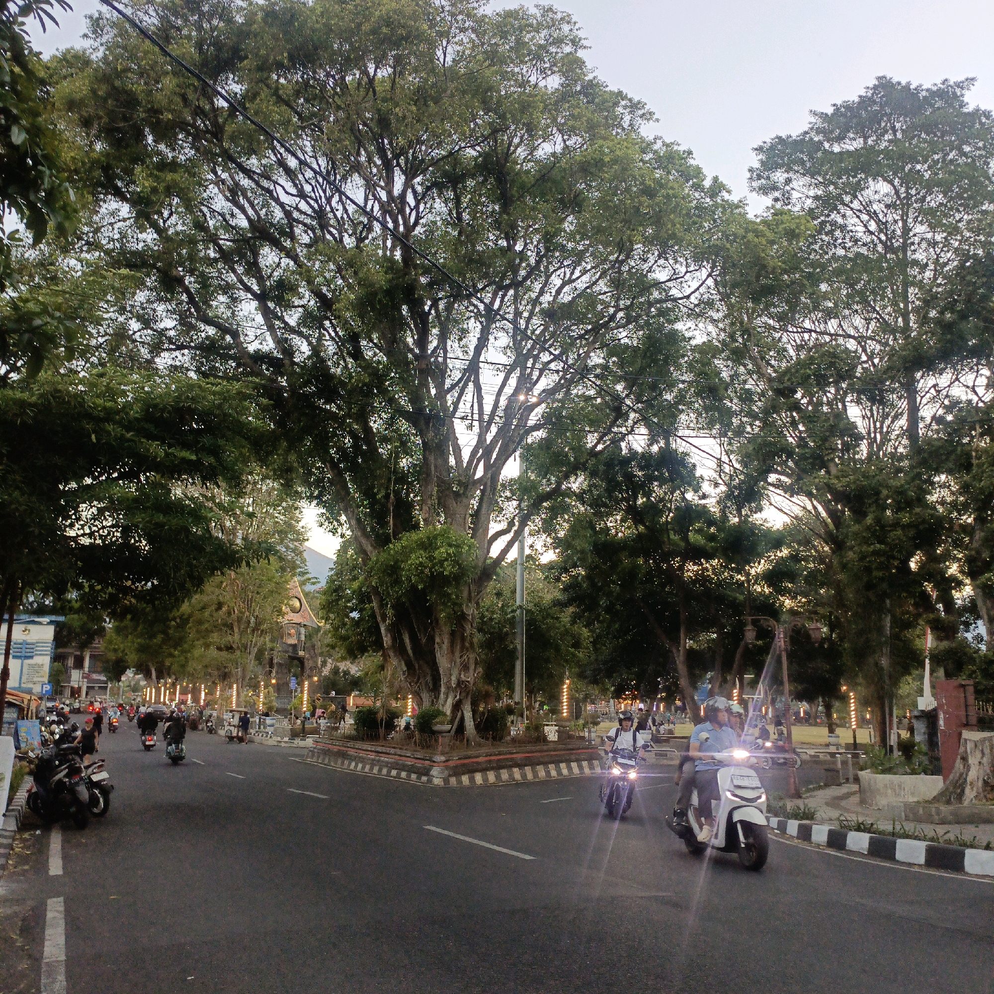 The image depicts a street scene in Salatiga, Indonesia, likely in the late afternoon or early evening, as indicated by the soft light. A wide, paved road dominates the foreground, with several motorcycles and scooters in motion and parked along the side. On the right side of the road, a white scooter with two occupants is prominently featured, with the rider wearing a light blue shirt and the passenger in a dark top. The road is bordered by a sidewalk with black and white checkered patterns. To the left of the road, a collection of parked motorcycles is visible.
The background is characterized by lush, mature trees with dense foliage, creating a verdant canopy. Beneath the trees, there are indications of a park-like area with lampposts and what appears to be a public square or gathering space. In the far distance, a mountain is faintly visible through the trees. The overall impression is of an urban environment integrated with significant natural elements. The street appears to be a main thoroughfare, with traffic flowing in both directions, albeit with a focus on motorcycles as the primary mode of transportation.