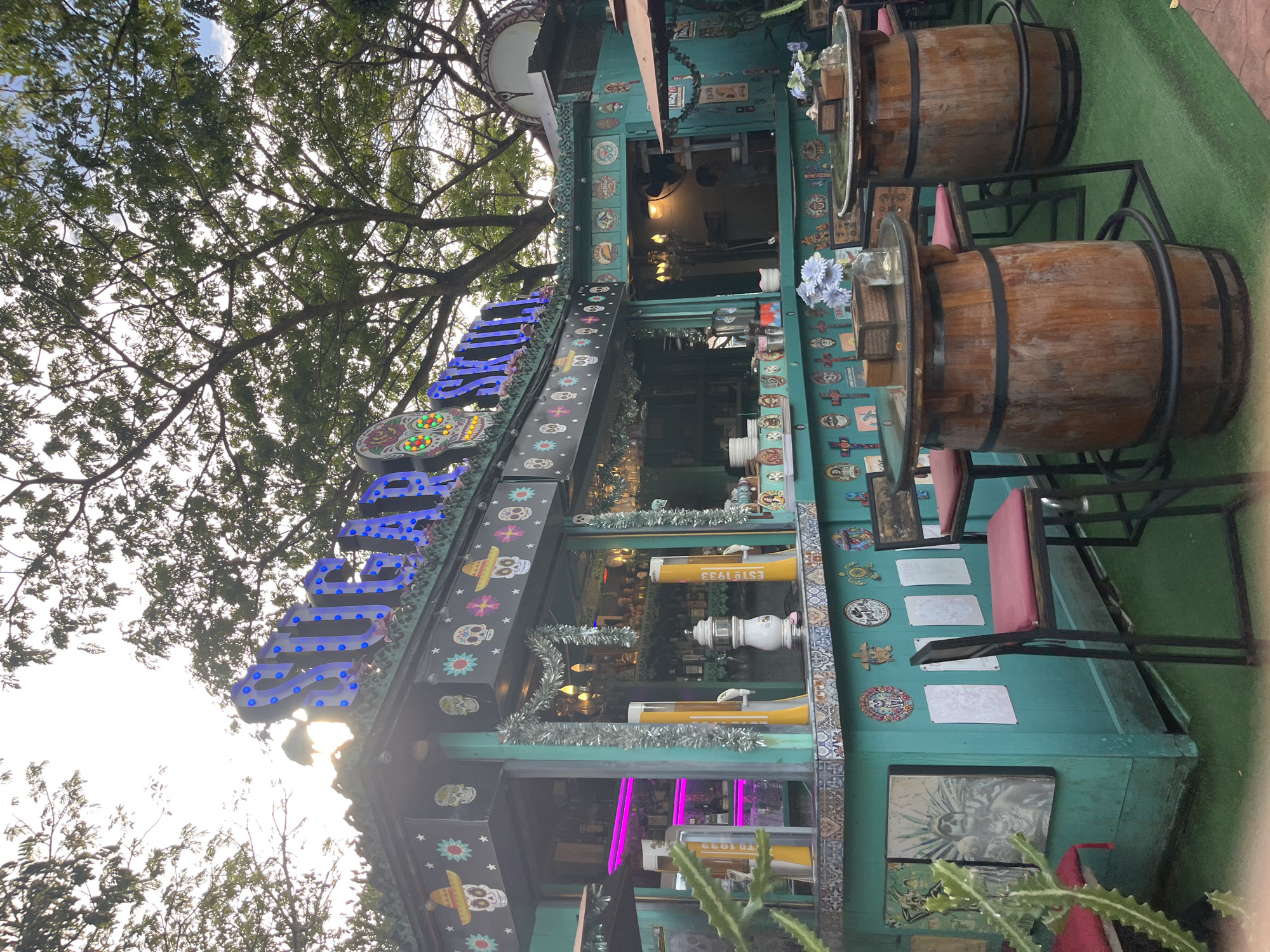 The image depicts a vibrant outdoor bar area themed around "Sugar Skull" in Choeng Thale, Thailand. The bar itself is painted a bright teal and is adorned with colorful Day of the Dead motifs, including sugar skulls, sombreros, and flowers. A prominent neon sign spelling out "SUGAR SKULL" in blue lights is mounted above the bar's roof.
The bar counter features beer taps, shelves stocked with bottles, and various decorative elements like garlands and ceramic figurines. In front of the bar, two large wooden barrels serve as tables, each topped with a glass surface. These tables are surrounded by black metal bar stools with red seats. In the foreground, a prickly green plant adds a touch of nature to the scene.
The ground is covered with artificial green grass, enhancing the playful and festive atmosphere. The overall impression is a lively and culturally inspired establishment, likely a popular spot for drinks and socializing. The image is captured in daylight, with dappled sunlight filtering through the lush green trees that surround the bar. The sky is bright, indicating good weather conditions.