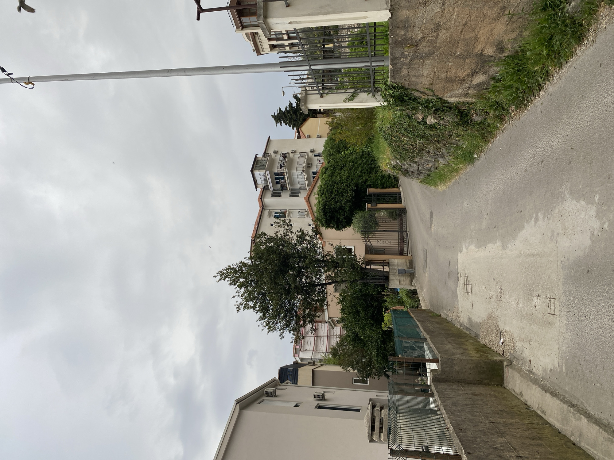 The image depicts a narrow paved street in Budva, Montenegro, lined with multi-story residential buildings. The sky is overcast. The street slopes slightly upwards. A tall metal pole stands on the left side of the street. Buildings vary in color from cream to white and beige. A tree stands near one of the buildings, partially obscuring it. Metal fences and gates are visible. Vegetation, including grass and ivy, grows along the edges of the street and the top of a stone wall. Scaffolding can be seen around one of the buildings, suggesting ongoing construction or renovation. There are no people visible in the image.
