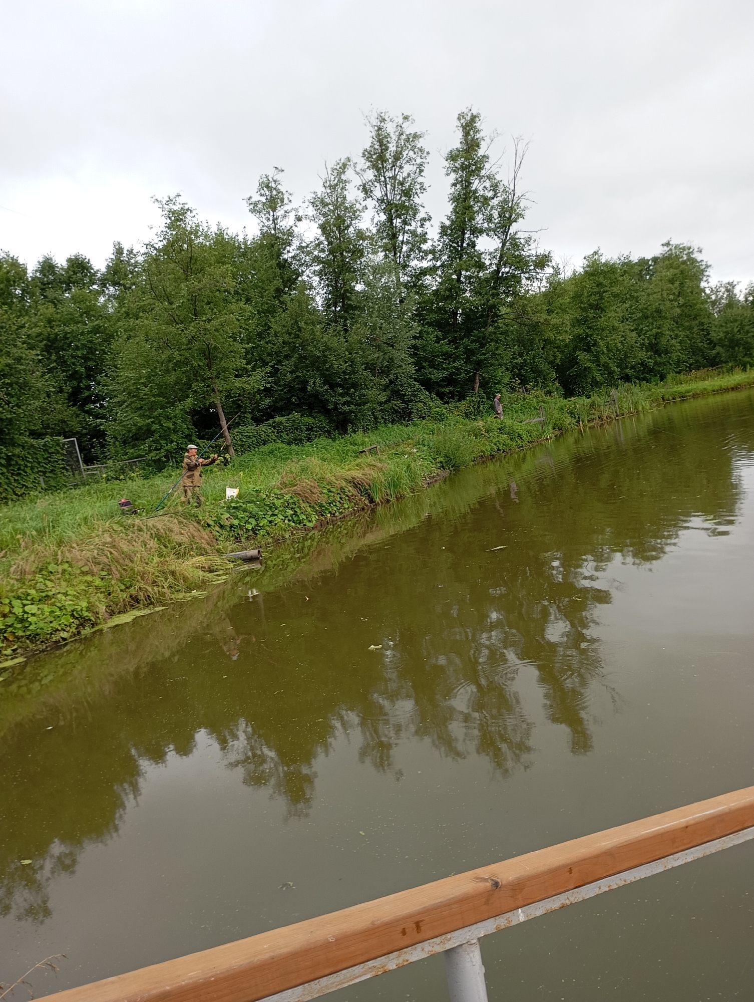 A man is fishing on the bank of a body of water in Malyi Bukor, Russia. He is wearing camouflage clothing and a hat, and is holding a fishing rod. The water is murky and reflects the trees and sky. The bank is covered in grass and vegetation, and there is a wooden railing in the foreground. The sky is overcast.
