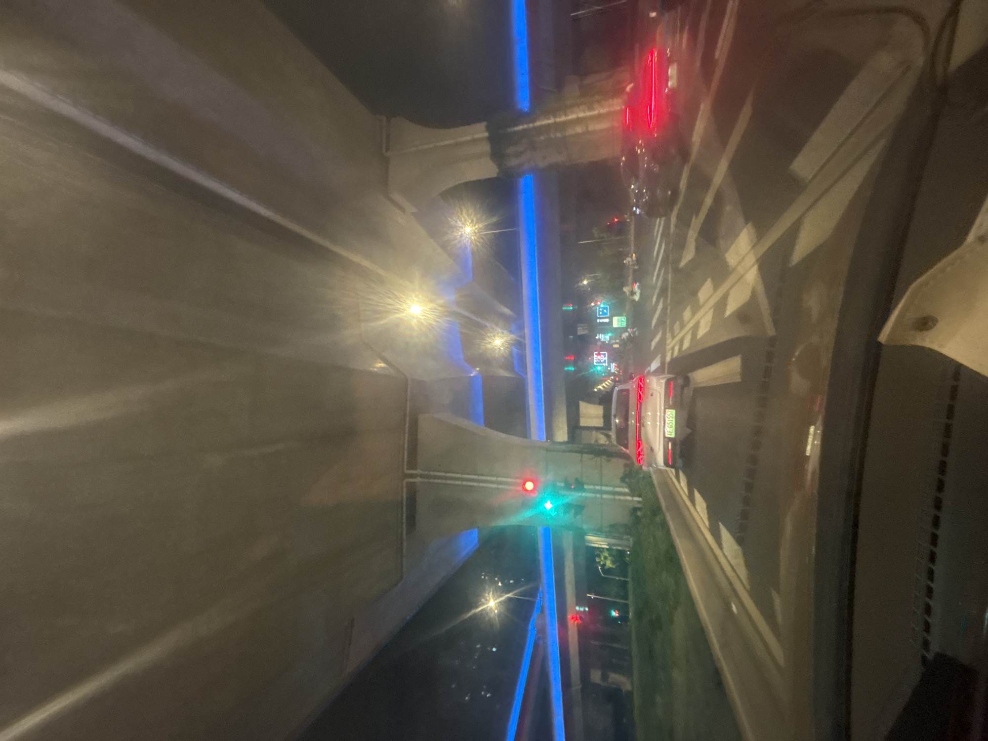A first-person perspective shot captures a night view of traffic on a road beneath an elevated highway structure adorned with blue lights. A white car with license plate AE 651557 is in the foreground on the right, traveling forward. Traffic lights are visible, with one showing a green light and another a red light. The road has distinct white markings, including a pedestrian crossing. The environment appears to be an urban setting, likely within the Suzhou Industrial Park in China, given the architectural style and signage. The elevated highway creates a significant overhead structure, casting shadows and illuminated by bright lights.
