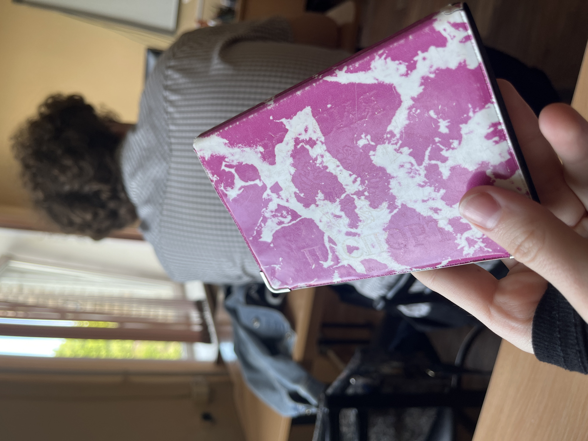 The image depicts a close-up view of a person's hand holding a distinctively patterned object in what appears to be a classroom or study setting in Saint Petersburg, Russia. The object, likely a notebook, diary, or tablet cover, is predominantly pink with an intricate white, marbled or splattered pattern. Its corners are reinforced with metallic protectors. Faint, embossed text is visible on the pink surface, partially readable as "THE COLLECTI..." or similar.
In the midground, out of focus, the back of another individual is seen. This person has dark, curly hair and is wearing a light-colored, striped shirt, suggesting they are seated at a desk, facing away from the camera. The setting includes what appear to be wooden desks and chairs.
To the left, a window with horizontal blinds allows natural light into the room, revealing bright green foliage outside, indicating it is daytime. The overall impression is of a casual moment during an educational or work activity, with one person engaging with a personal item while another is seated nearby. No specific emotions are discernible from the visible parts of the subjects.