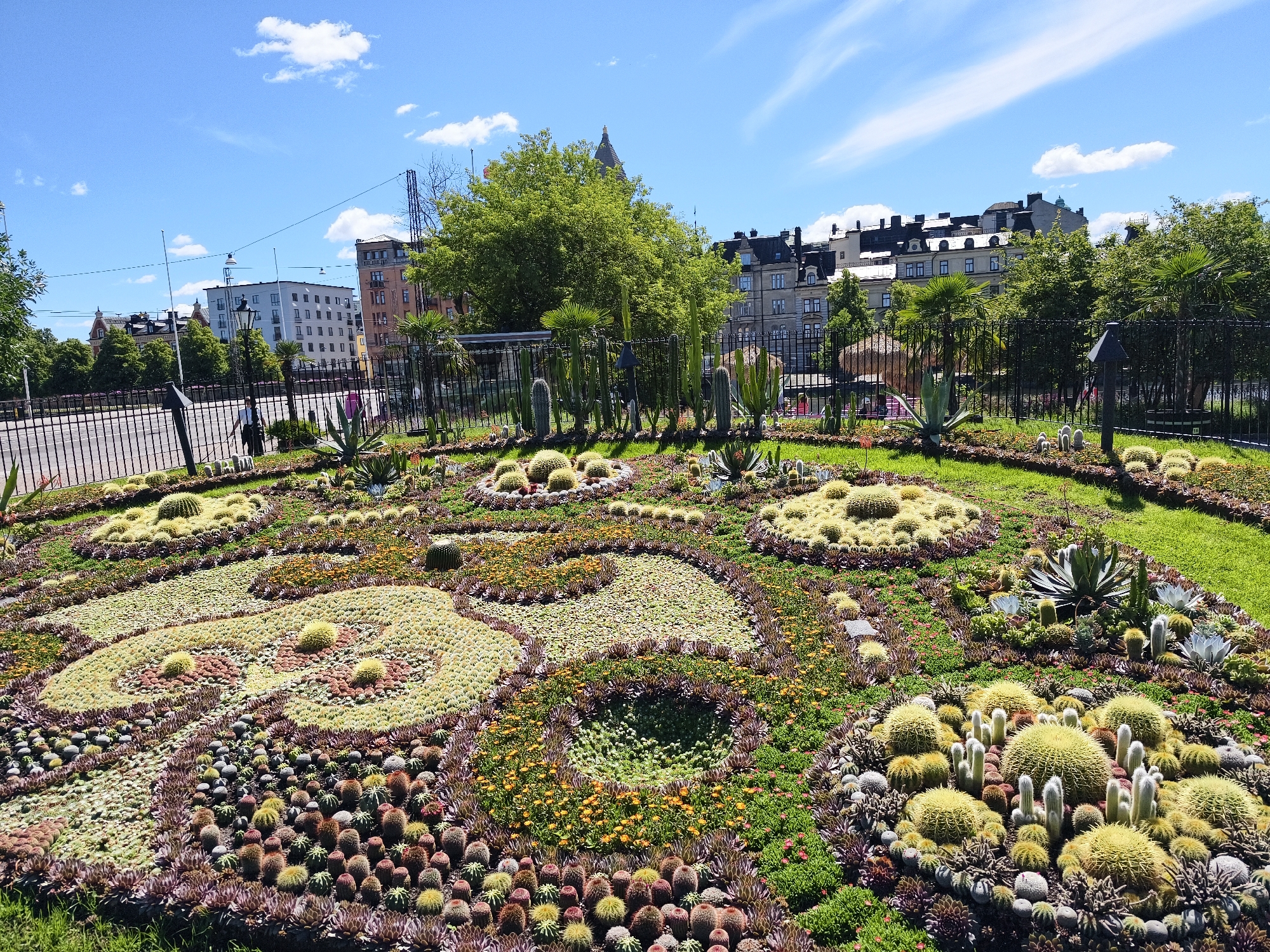 The image shows a well-maintained garden bed filled with a variety of cacti and succulents. The plants are arranged in decorative patterns, with different textures and colors creating a visually appealing landscape. The garden is bordered by a low fence and a grassy area. In the background, there are buildings, trees, and a clear blue sky with some clouds. The scene appears to be set in an urban park or public space. The garden exhibits a diverse collection of cacti, ranging from small, round varieties to tall, columnar ones. Succulents are also present, adding further texture and color to the display. The arrangement of plants forms intricate designs, suggesting a deliberate and artistic landscaping approach. The surrounding environment suggests a pleasant outdoor setting, likely in a temperate climate, given the lush greenery and the presence of deciduous trees. The architectural style of the buildings in the background indicates an urban setting. The overall impression is one of a vibrant and carefully curated botanical display.
The provided information about the location of Norrköping, Sweden is not directly ascertainable from the image itself. However, assuming this image is indeed from Norrköping, Sweden, it depicts a section of the Arbetets Museum (Museum of Work) garden, specifically the "Plant museum" portion. This area is known for its unique collection of cacti and succulents.