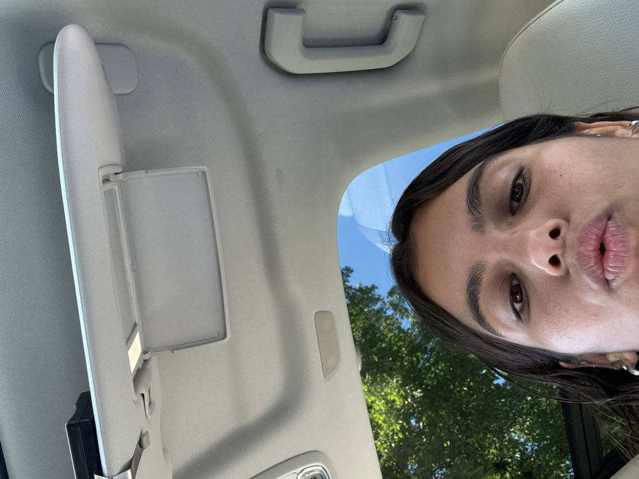 A close-up photograph, taken from inside a vehicle, captures a young person's face from the eyebrows down. The individual has dark hair and brown eyes, looking directly into the lens with pursed lips. They wear silver hoop earrings. The upper portion of the image shows the light-colored headliner of the vehicle, featuring a deployed sun visor with an illuminated vanity mirror on the driver's side and a light-colored grab handle on the passenger side. Through the car window, a clear blue sky and vibrant green tree foliage are visible. The specific location within Princeton, United States, cannot be determined from the visual information provided.