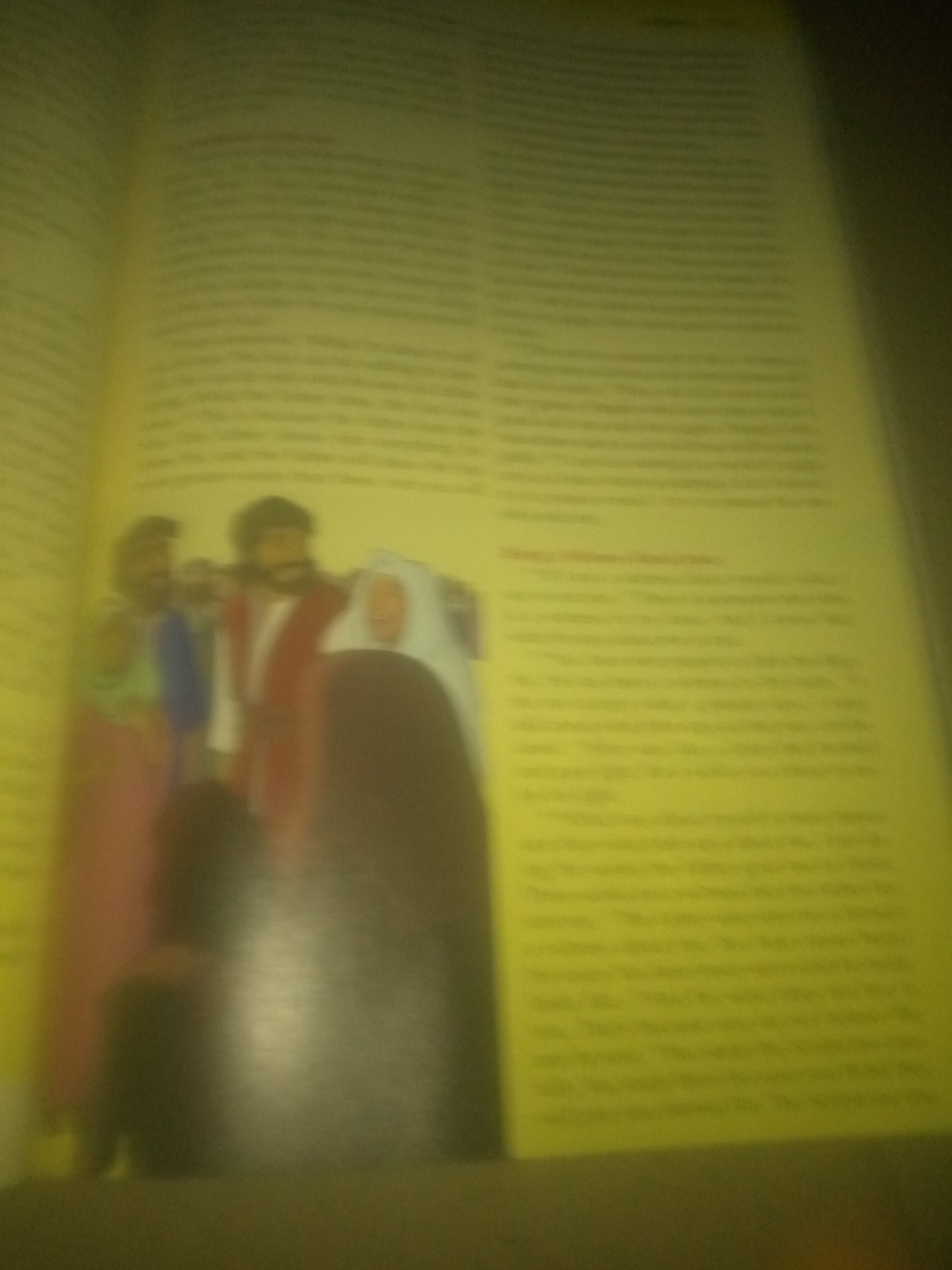 The image displays an open book with text and an illustration on the left page. The text is blurry and appears to be in a paragraph format. The illustration depicts several figures in what seems to be a historical or religious context. One figure, on the far left, is wearing a green garment. Next to them, another figure wears a red and white robe. In the center, a figure in white, possibly a woman, is partially obscured. The background of the illustration is dark. The book is open on a surface that is not entirely visible, but it appears to be indoors, with the lighting casting a yellow hue on the pages. There is no identifiable information regarding the city of Jauro Yinu, Nigeria, within the visible content of the image.