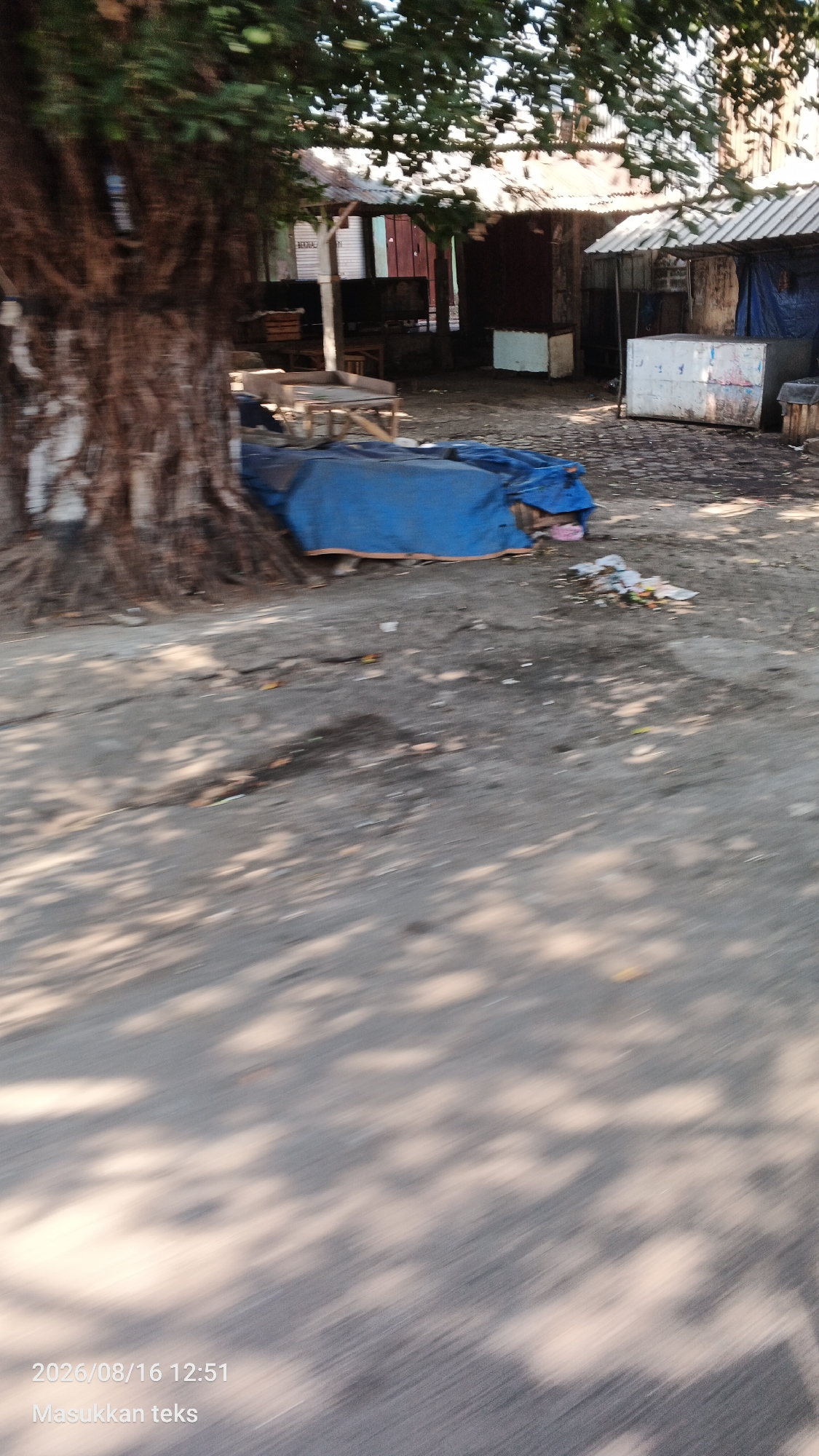 The image depicts an outdoor scene in what appears to be a commercial area with several small, open-air stalls. A large, old tree with a textured, brown trunk stands prominently on the left side of the frame, casting shadows. In the background, several structures with corrugated metal roofs are visible, suggesting a market or roadside vendor setup. Some of these structures have white and blue tarps covering parts of them, possibly for protection from the elements or to store goods. In front of one of the stalls, there are two white coolers or cabinets. A pile of trash is visible on the ground near the blue tarp. The ground surface is rough, likely a dirt or unpaved road, with scattered leaves and debris. The overall impression is of a somewhat disorganized, working-class commercial environment. The timestamp at the bottom left corner reads "2026/08/16 12:51", and the text "Masukkan teks" is also present. The motion blur suggests the image was taken from a moving vehicle. The location is identified as Pakis, Indonesia.