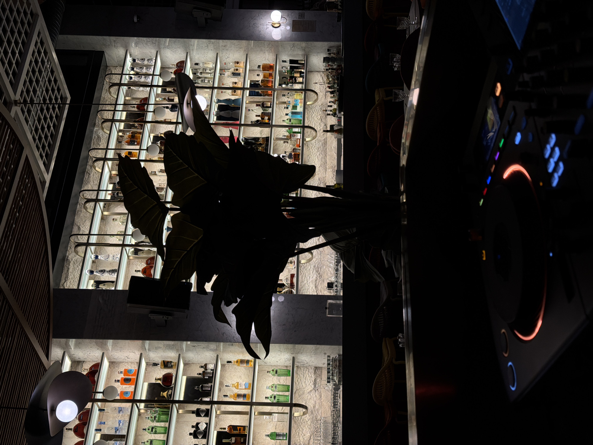 The image captures the interior of a bar, likely in Budva, Montenegro, as suggested by the prompt. A backlit shelving unit containing numerous liquor bottles dominates the background, with various colors and shapes visible. A large plant, appearing primarily as a silhouette, sits in front of the shelving unit. To the right, a DJ console is partially visible, with lit-up buttons and illuminated circles indicating its operational status. The overall lighting is dim, creating a night-time ambience. The image appears to have been taken from a low angle. The environment appears modern and upscale, indicative of a trendy bar setting.