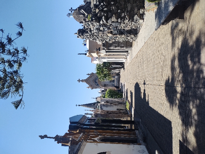 A graveyard with ornate mausoleums lining a cobbled path. The structures feature crosses and intricate stonework. Shadows stretch across the path. A tree with sparse foliage is visible on the left, contrasting with the clear blue sky. The scene is a mix of architectural detail and natural elements, creating a somber and peaceful atmosphere.