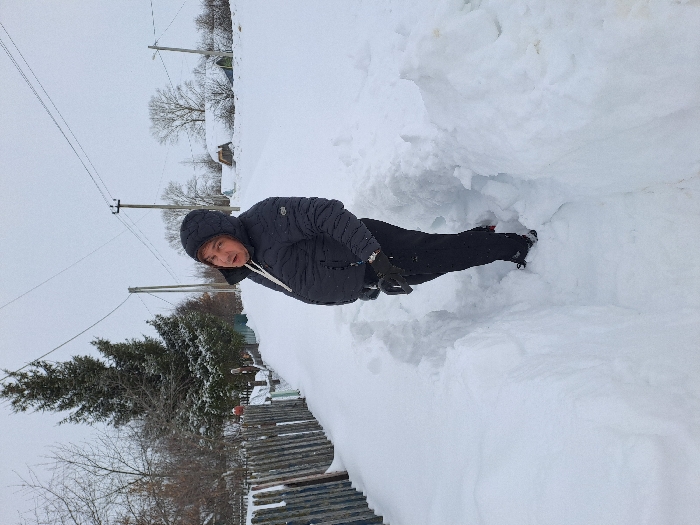 One male subject stands in a narrow, snow-cleared path on a winter day in Полянки, Russia. The individual wears a dark blue hooded puffer jacket, black pants, and dark gloves; his hood is up, and he faces the camera. Deep snow banks line both sides of the path, reaching approximately to his mid-thigh. To the left, a weathered fence runs alongside the path, beyond which are bare deciduous trees and a tall, snow-dusted coniferous tree. Utility poles with overhead wires are visible in the mid-ground. In the background, several snow-covered houses are partially obscured by trees under an overcast sky.