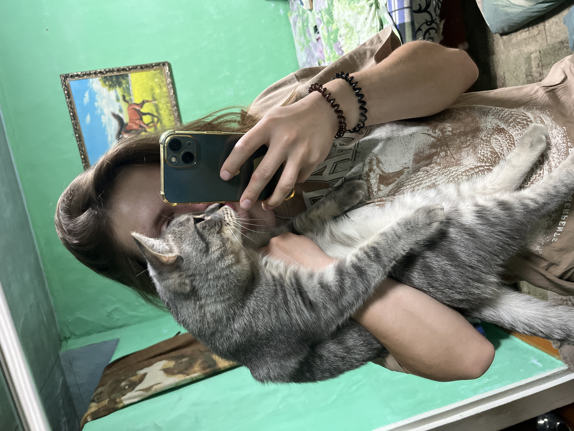 A person is taking a selfie with a grey tabby cat. The person is holding the cat in their arms and the cat is looking to the left. The person is wearing a light brown t-shirt and two bracelets on their left wrist. A smartphone is held in the person's right hand. In the background, the wall is painted green. There is a framed painting of a horse on the wall. A bed with green and blue bedding is visible on the right side of the image. The overall setting appears to be a room.