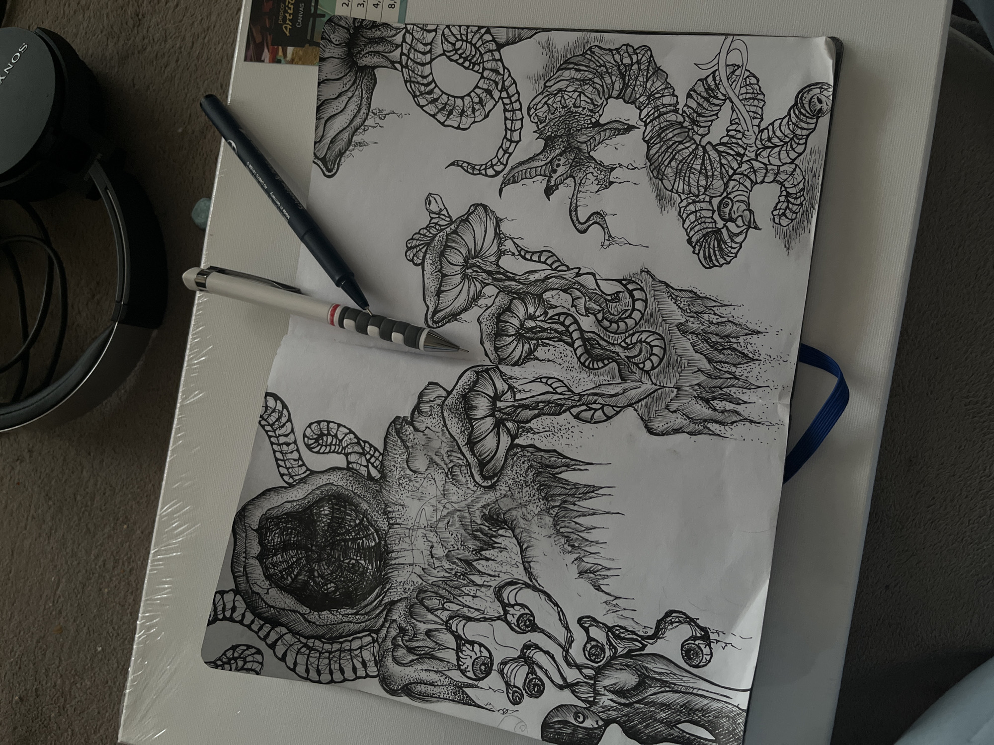 An overhead shot captures a sketchbook displaying intricate black and white line art, surrounded by various objects on a textured surface. The artwork dominates the center, featuring highly detailed, organic, and fantastical creatures.
The top portion of the drawing depicts segmented, serpentine forms, one resembling a head with multiple tendrils. Below this, several jellyfish-like entities emerge, characterized by detailed bells and numerous flowing tentacles, some appearing ethereal. The bottom of the page showcases a large, central organic mass with a deeply textured, void-like opening, surrounded by tentacled appendages, some ending in eye-like structures. The entire drawing utilizes extensive hatching and stippling to create depth and texture, giving the creatures a biomechanical or alien appearance.
Adjacent to the sketchbook are two pens: a dark blue or black pen, partially legible with text that includes "Made in Germany," and a white pen with black and red striped accents on its grip. To the left, a pair of black Sony headphones is visible, with the brand name "SONY" clearly marked on an earcup. A white artist's canvas, still in its plastic wrapping, rests beneath and to the right of the sketchbook, bearing a label that reads "pepco Artiste Canvas." A small slip of paper next to the canvas shows partial numbers like "2, 3, 4, 8." The background appears to be a greyish-brown carpet or soft fabric. The scene suggests a creative space, likely indoors, with art supplies and personal items.