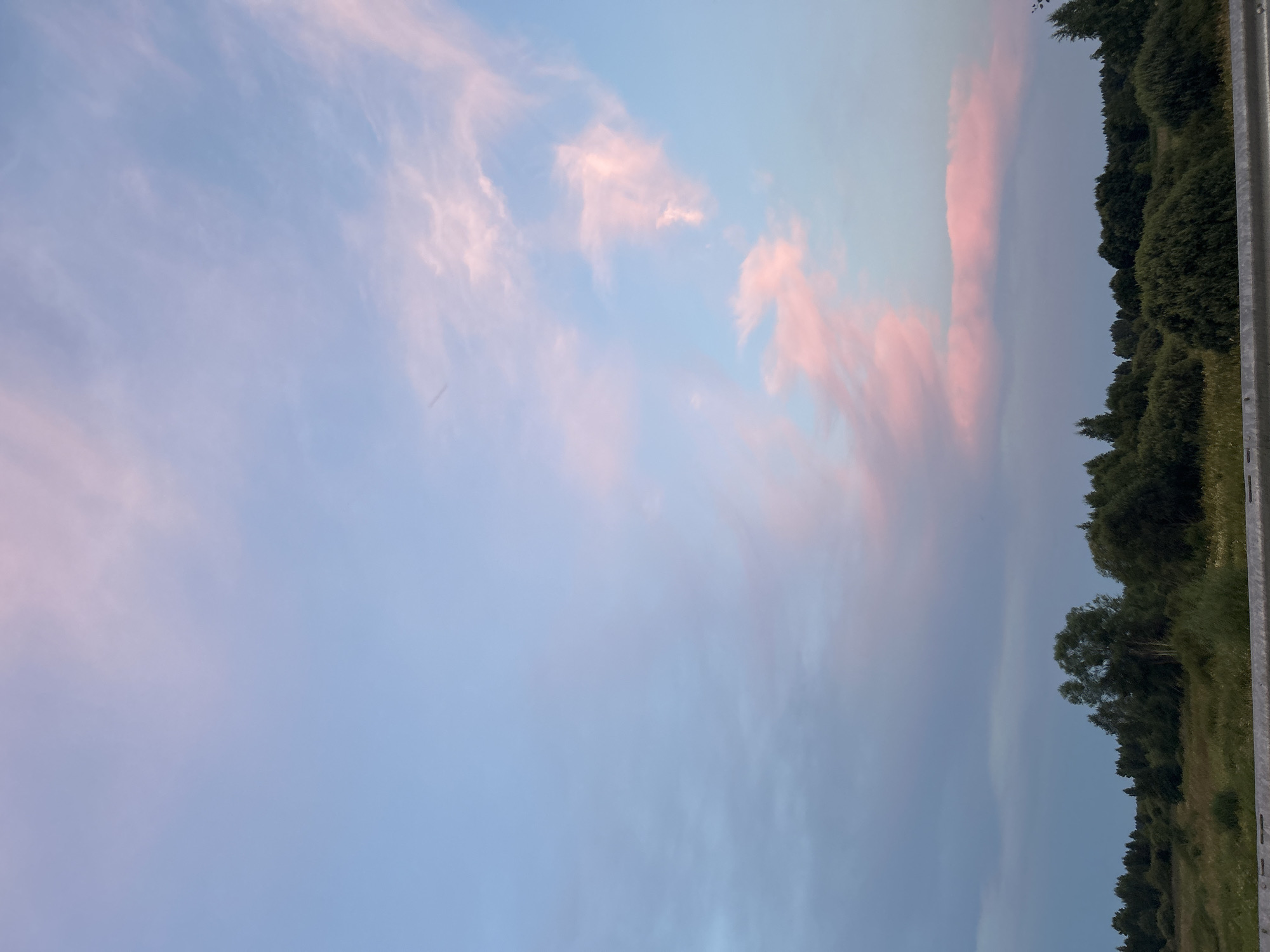 The image captures a serene evening sky over a rural landscape. The sky is a gradient of soft blues and pinks, with wispy clouds catching the last rays of the setting sun. Below, a dense line of dark green trees forms a horizon, with varying heights of foliage suggesting a mix of deciduous and coniferous trees. In the foreground, a strip of green grass and vegetation runs horizontally across the bottom of the image, separated from the trees by a light gray, horizontal barrier that appears to be a guardrail or similar roadside structure. The overall impression is one of natural beauty and tranquility, likely taken from a roadside vantage point, possibly on the outskirts of the city of Kalitsino, Russia. There are no people or animals visible in the scene.