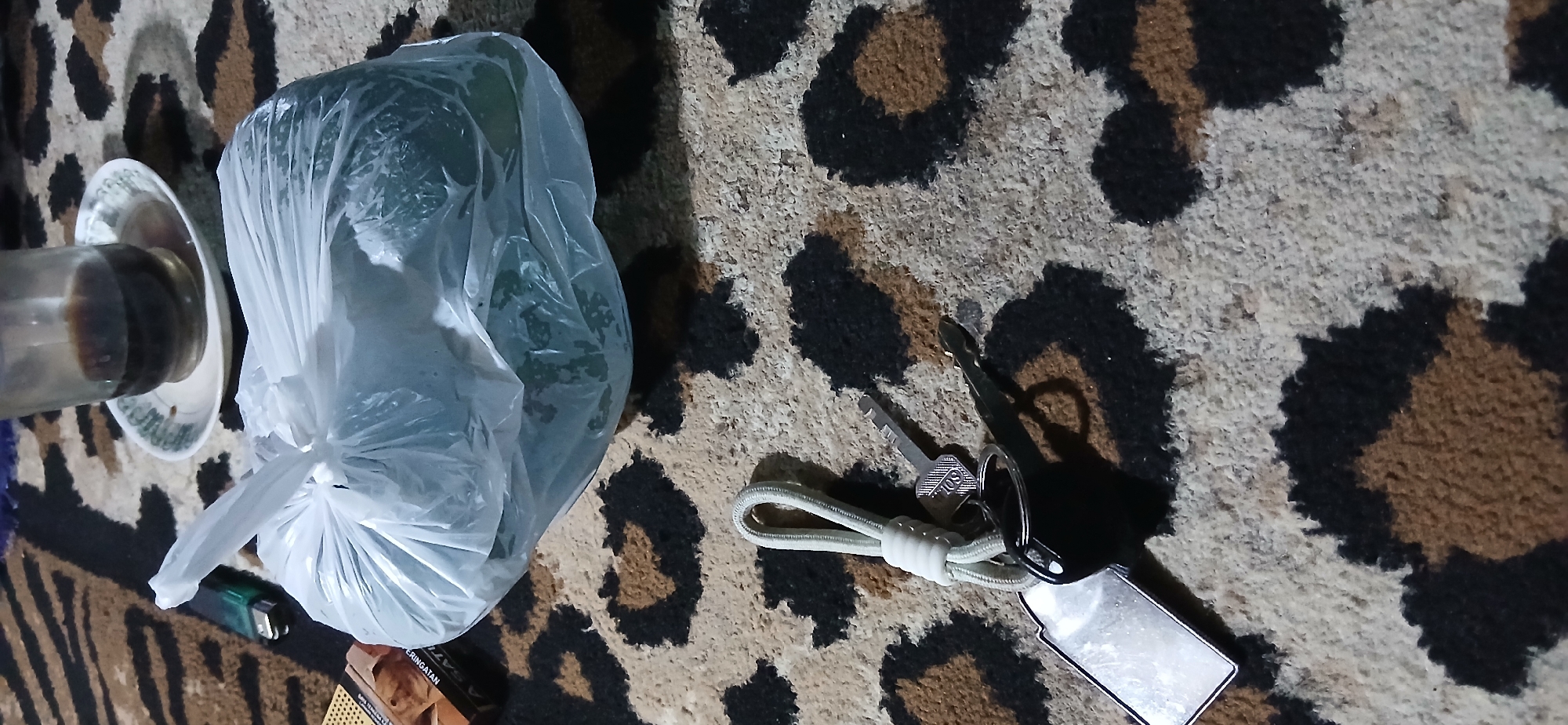 A close-up, overhead shot shows a collection of items on a carpet with a leopard-print pattern. In the upper right corner, a clear glass contains a dark liquid, possibly coffee, and rests on a small white plate with a green decorative rim. To the left of the glass is a white plastic bag, appearing to contain green produce. A lighter, green and silver in color, is positioned next to the plastic bag, closer to the top left corner. In the bottom half of the image, a set of keys is attached to a light-colored braided lanyard. One key is silver and has "SOL" inscribed on it. Another key is black and silver. Attached to the keys is a rectangular silver tag. The overall scene is casual and appears to be indoors, on a carpet. No specific landmarks or elements indicating the city of Demangan, Indonesia, are visible.